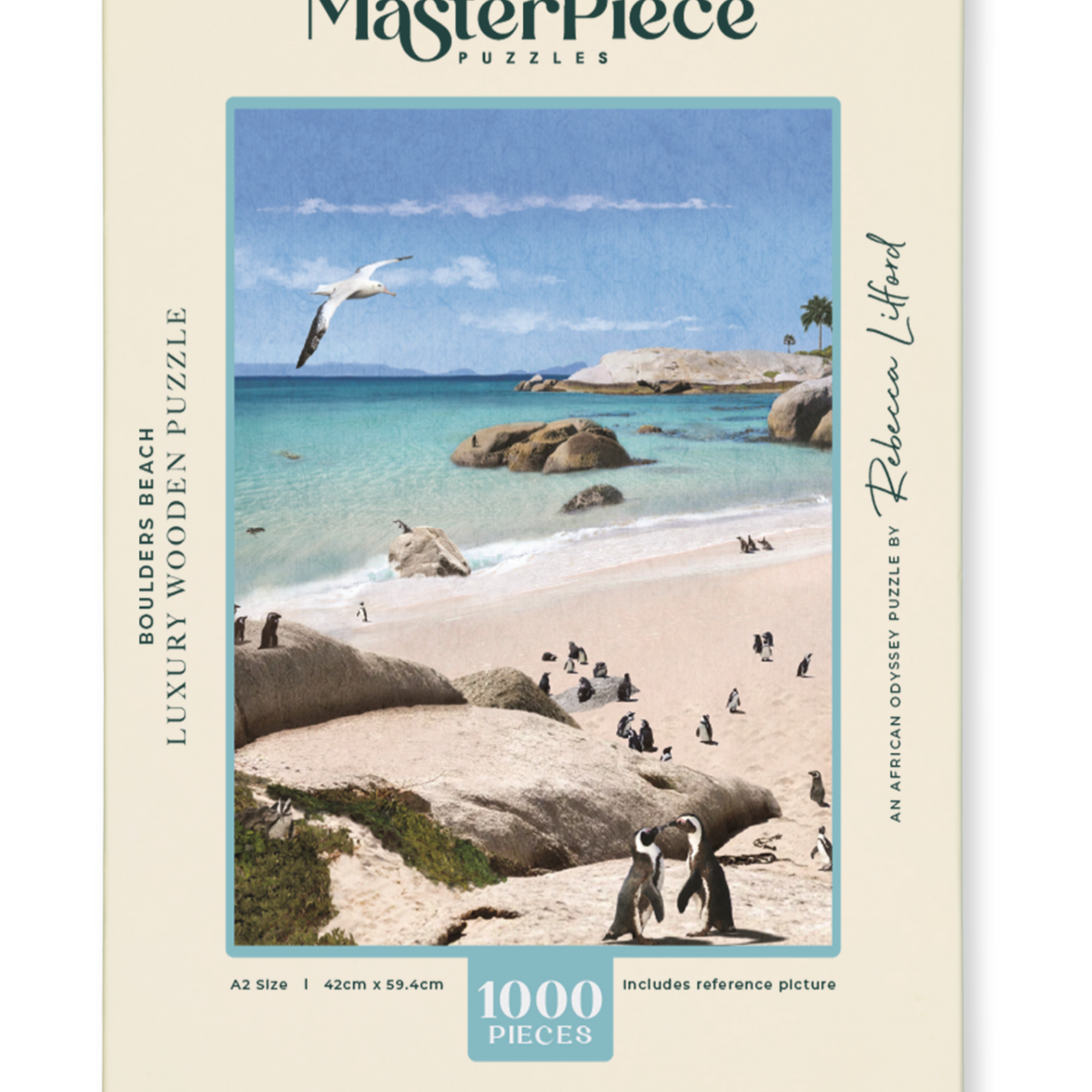 Boulders Beach is a MasterPiece wooden jigsaw puzzle from the African Odyssey poster series designed to showcases Africa’s most iconic natural wonders. Boulders Beach is a haven for African penguins.Precision-cut from 3mm thick wood and expertly printed, our MasterPiece puzzles offer a tactile and satisfying puzzling experience like no other. They are perfect for art lovers, nature enthusiasts and anyone looking for a thoughtful gift.