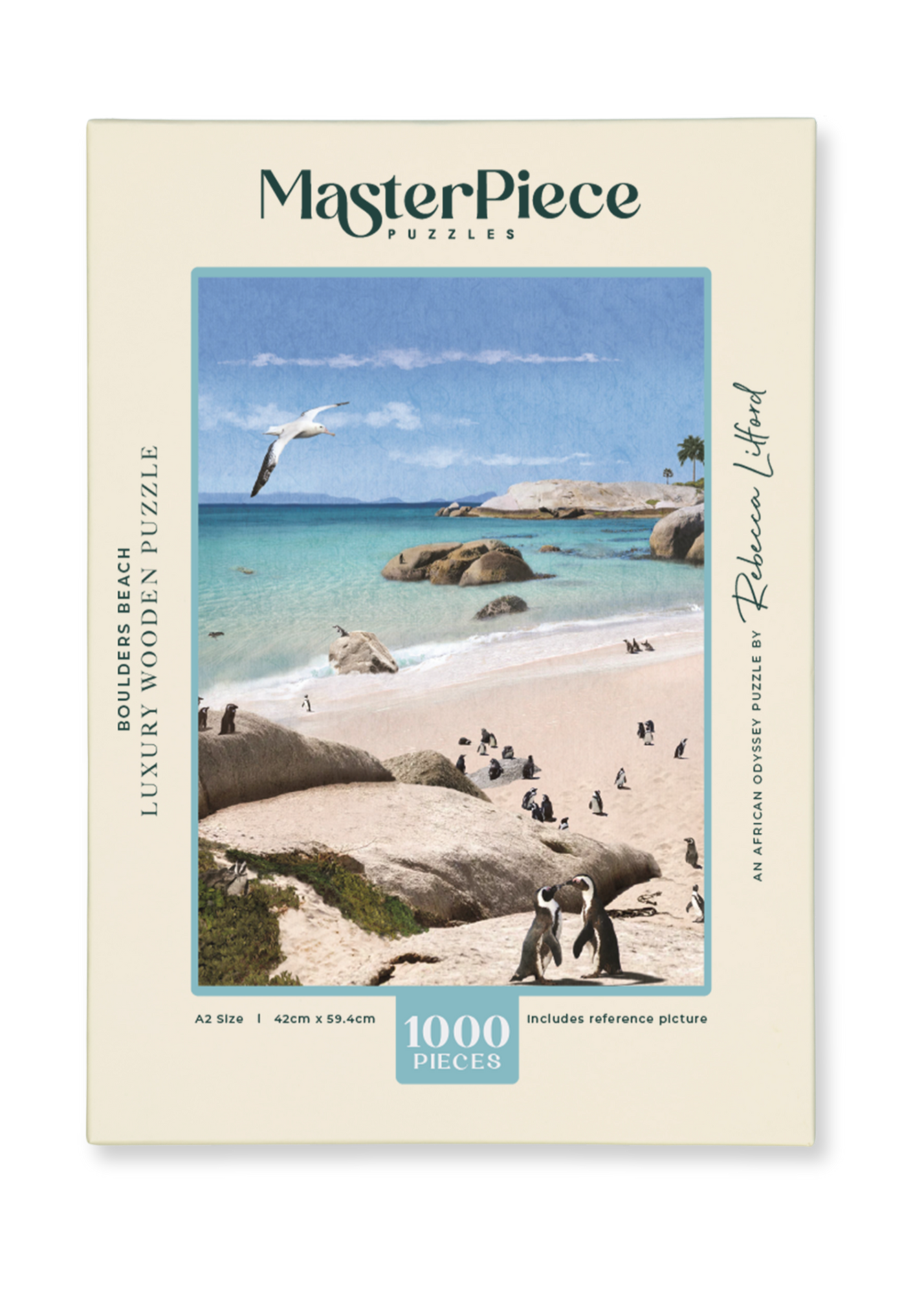 Boulders Beach is a MasterPiece wooden jigsaw puzzle from the African Odyssey poster series designed to showcases Africa’s most iconic natural wonders. Boulders Beach is a haven for African penguins.Precision-cut from 3mm thick wood and expertly printed, our MasterPiece puzzles offer a tactile and satisfying puzzling experience like no other. They are perfect for art lovers, nature enthusiasts and anyone looking for a thoughtful gift.