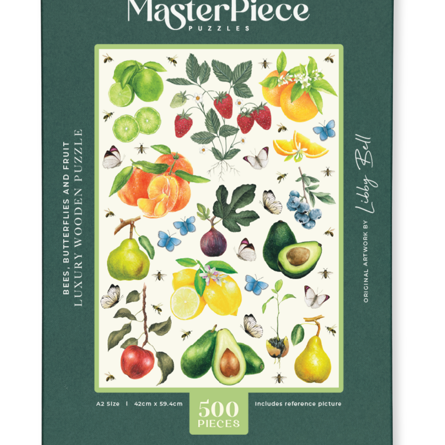 MasterPiece luxury wooden puzzle of Libby Bell watercolour artwork of fruits, bees and butterflies.