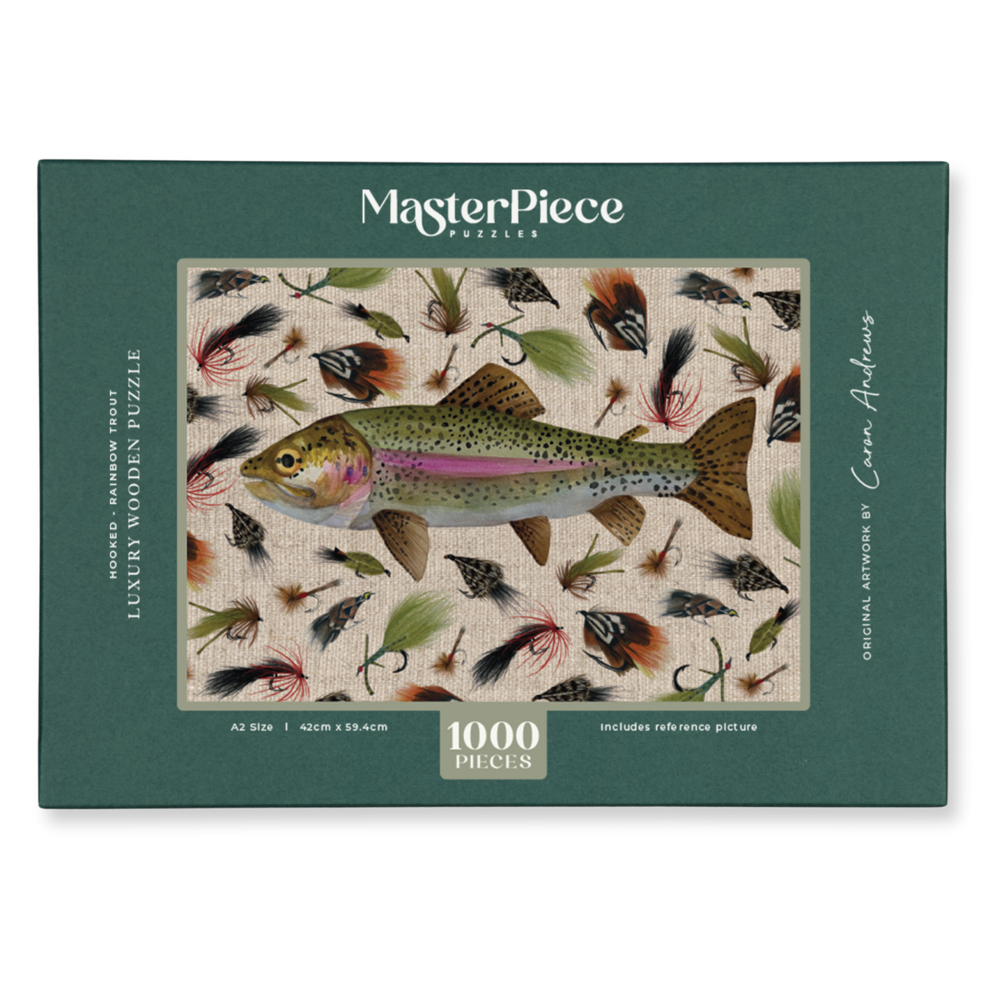 MasterPiece luxury wooden puzzle of a Rainbow trout watercolour and pencil artwork by Caron Andrews. Great for gifting for men who love flyfishing!