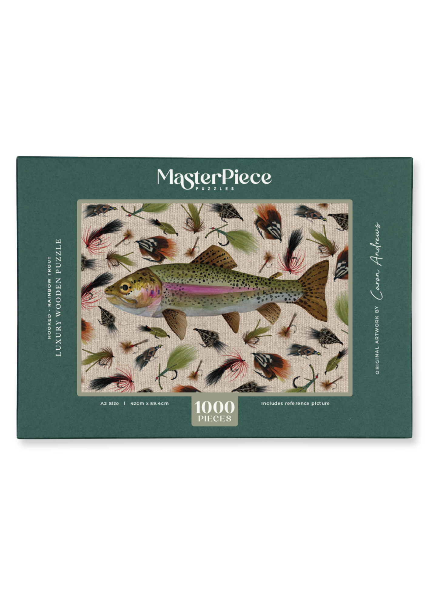 MasterPiece luxury wooden puzzle of a Rainbow trout watercolour and pencil artwork by Caron Andrews. Great for gifting for men who love flyfishing!