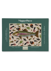 MasterPiece luxury wooden puzzle of a Rainbow trout watercolour and pencil artwork by Caron Andrews. Great for gifting for men who love flyfishing!