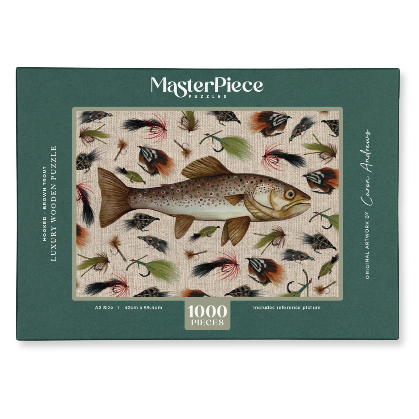MasterPiece luxury wooden puzzle of a brown trout watercolour and pencil artwork by Caron Andrews. Great for gifting for men who love flyfishing!