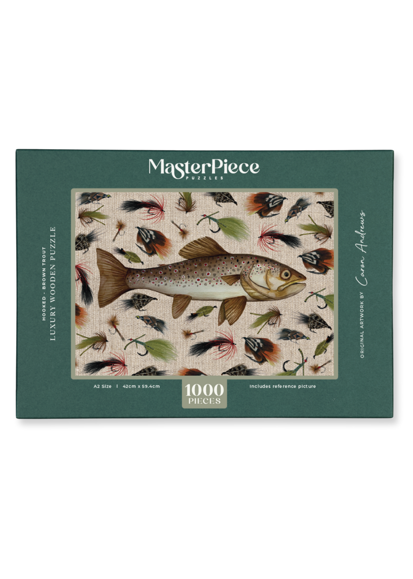 MasterPiece luxury wooden puzzle of a brown trout watercolour and pencil artwork by Caron Andrews. Great for gifting for men who love flyfishing!