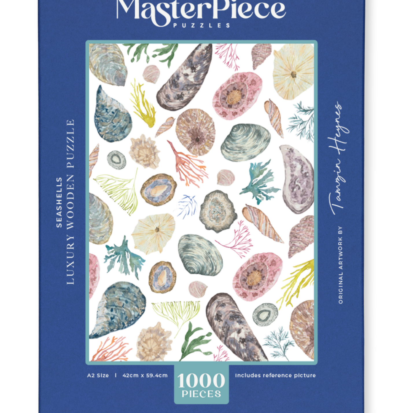 MasterPiece wooden puzzle of awatercolour seashell and seaweed artwork by Tamzin Heynes of Moon and Brush.