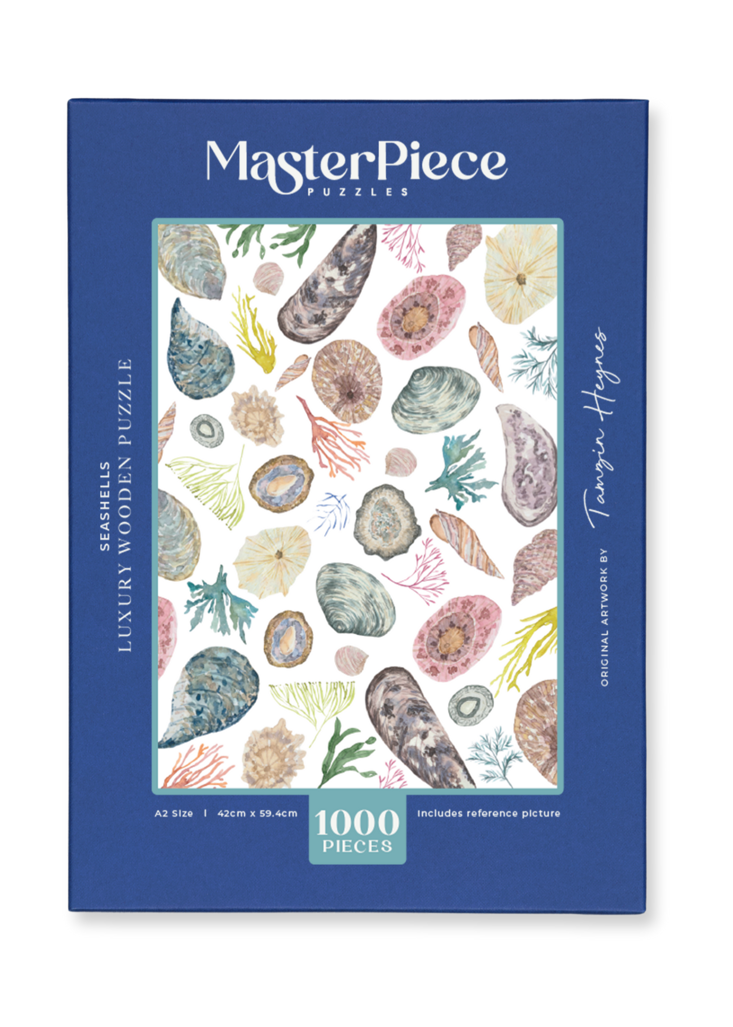 MasterPiece wooden puzzle of awatercolour seashell and seaweed artwork by Tamzin Heynes of Moon and Brush.
