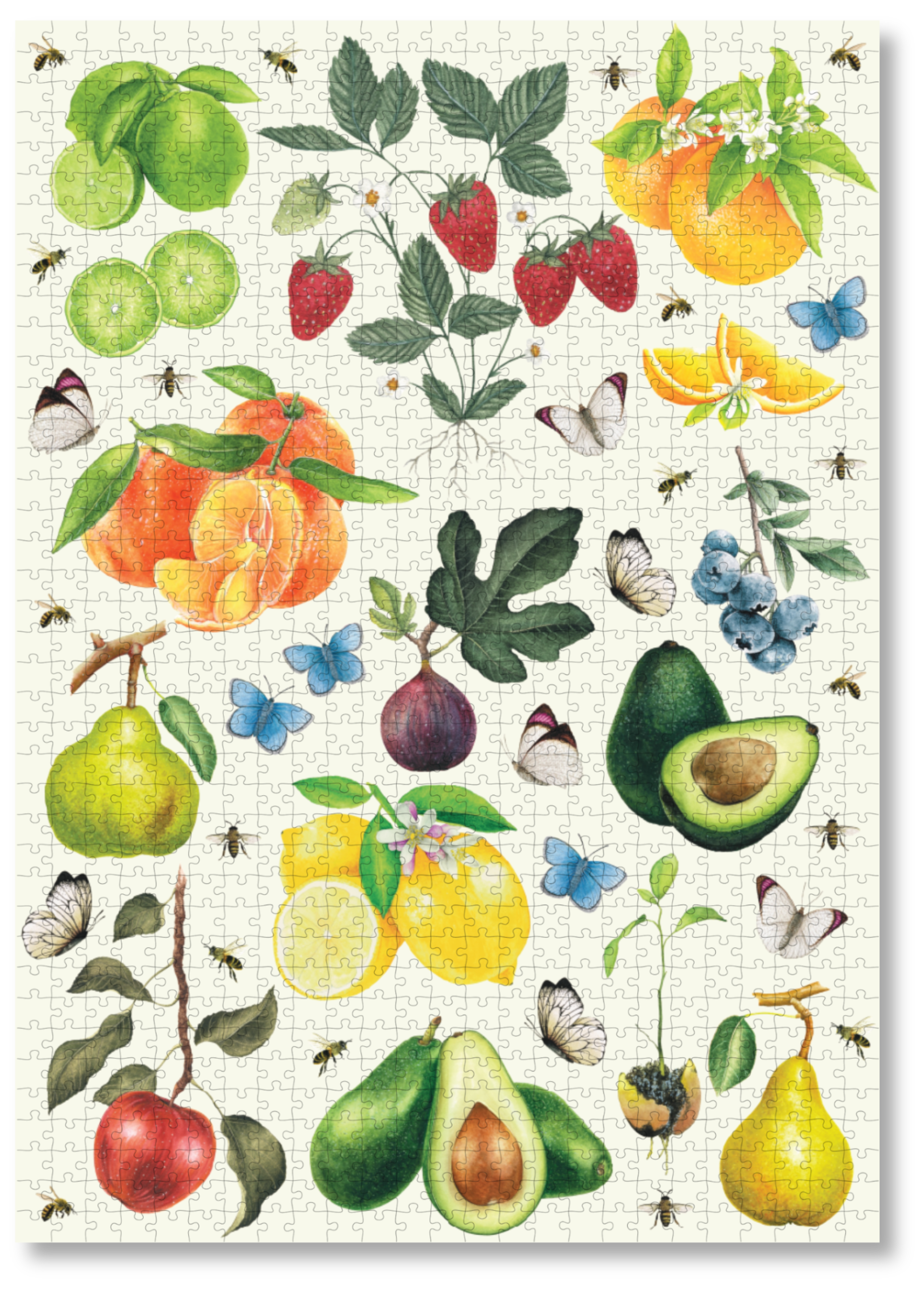 A premium wooden jigsaw puzzle of a watercolour artwork of ripe fruits, buzzing bees and fluttering butterflies, painted by Libby Bell. They are perfect for art lovers, garden admirers and anyone looking for a thoughtful gift.