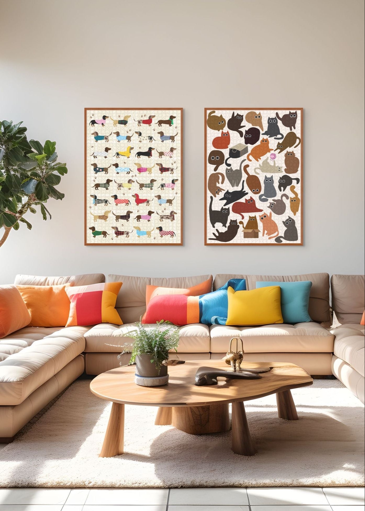 Modern living room with a sectional sofa, colorful pillows and framed puzzle artwork on the wall.