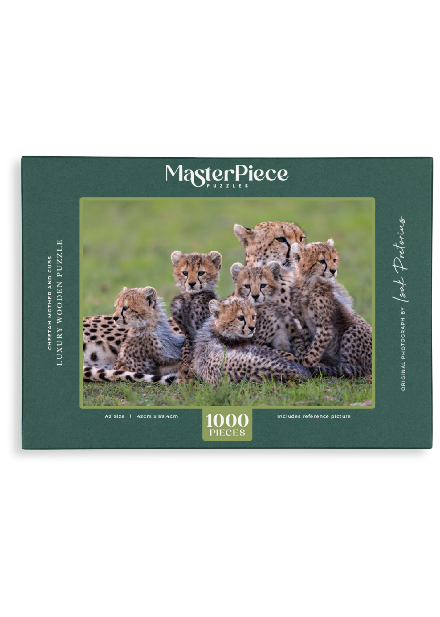 Cheetah Mother And Cubs is a MasterPiece wooden jigsaw puzzle that features a beautiful photograph of a cheetah surrounded by her 5 cubs. 

Precision-cut from 3mm thick wood and expertly printed, our MasterPiece puzzles offer a tactile and satisfying puzzling experience like no other. They are perfect for wildlife lovers, nature enthusiasts and anyone looking for a thoughtful gift 