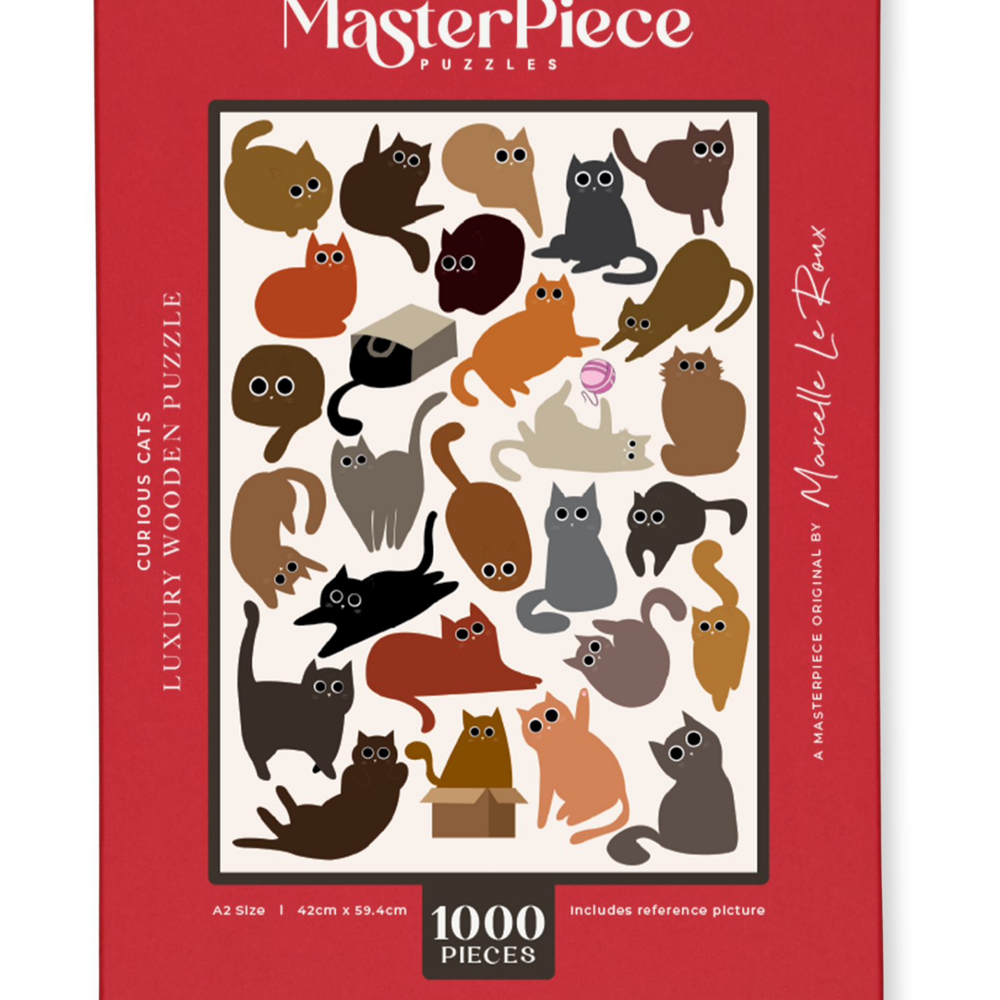 Curious Cats is a MasterPiece wooden jigsaw puzzle featuring a delightful collection of curious cats in various poses and playful scenes. This charming puzzle is a must-have for cat lovers! Precision-cut from 3mm thick wood and expertly printed, our MasterPiece puzzles offer a tactile and satisfying puzzling experience like no other. like no other. This puzzle is perfect for 'crazy cat ladies', art lovers and anyone looking for a thoughtful gift.