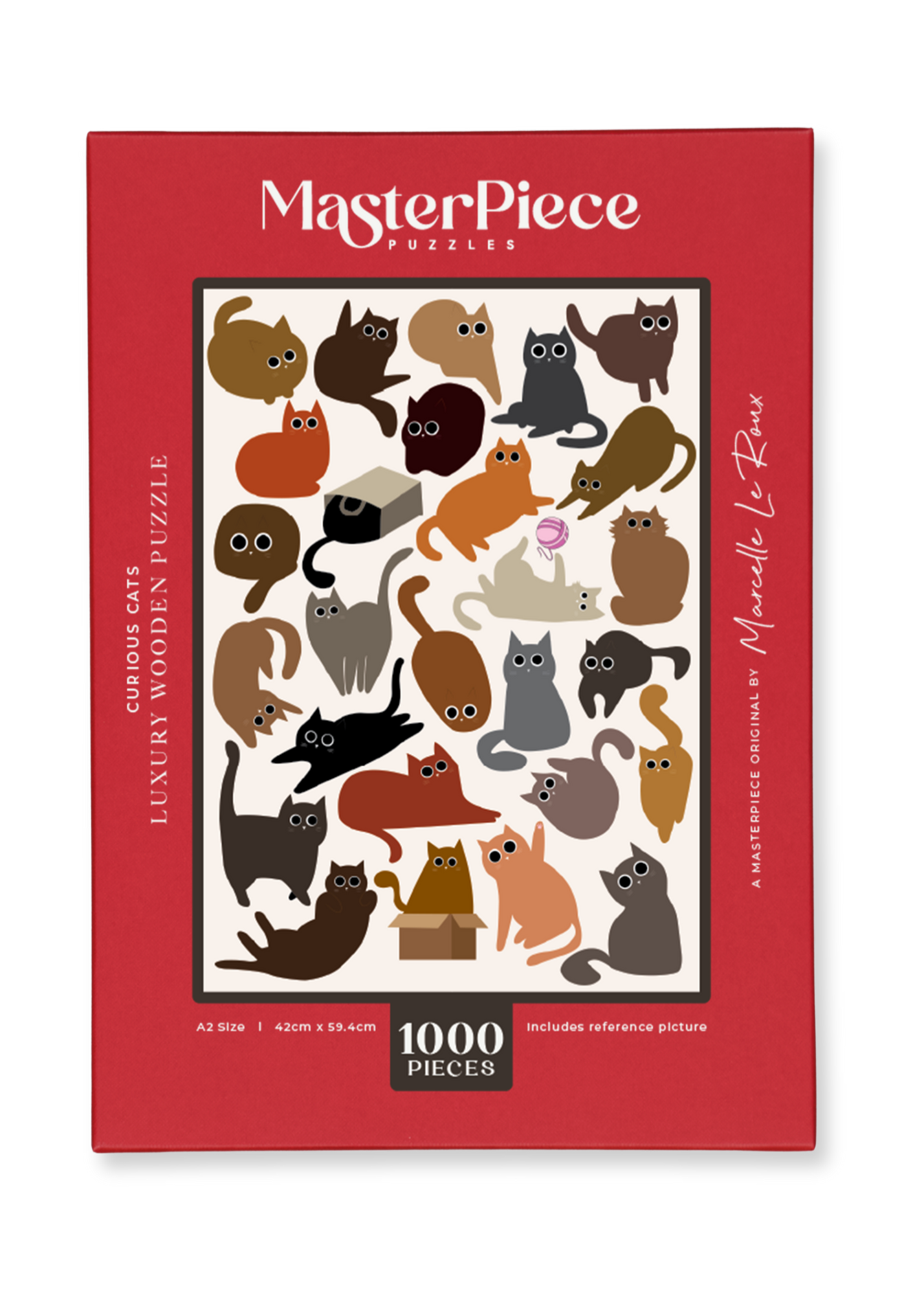 Curious Cats is a MasterPiece wooden jigsaw puzzle featuring a delightful collection of curious cats in various poses and playful scenes. This charming puzzle is a must-have for cat lovers! Precision-cut from 3mm thick wood and expertly printed, our MasterPiece puzzles offer a tactile and satisfying puzzling experience like no other. like no other. This puzzle is perfect for 'crazy cat ladies', art lovers and anyone looking for a thoughtful gift.