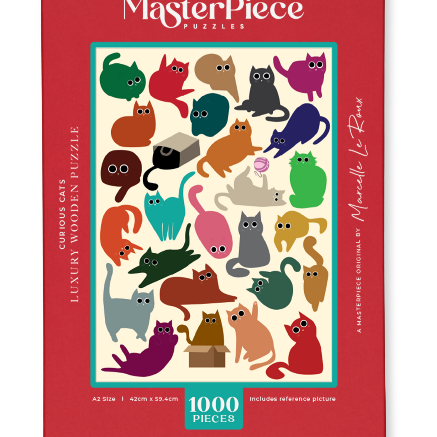 Curious Cats is a MasterPiece wooden jigsaw puzzle featuring a delightful collection of curious cats in various poses and playful scenes. This charming puzzle is a must-have for cat lovers! Precision-cut from 3mm thick wood and expertly printed, our MasterPiece puzzles offer a tactile and satisfying puzzling experience like no other. like no other. This puzzle is perfect for 'crazy cat ladies', art lovers and anyone looking for a thoughtful gift.