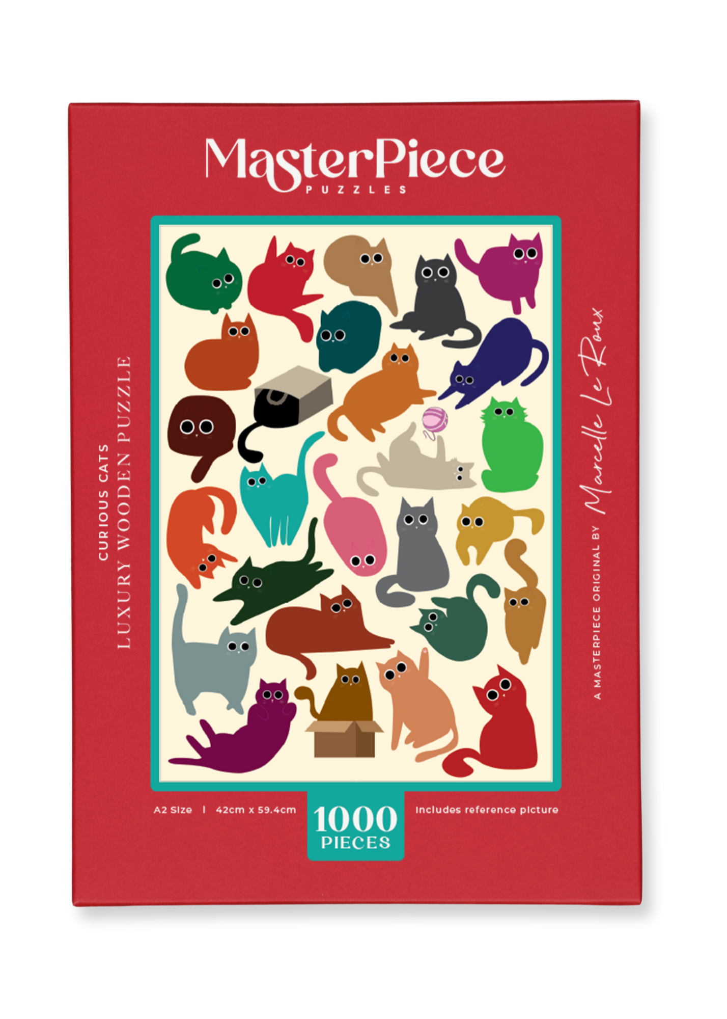 Curious Cats is a MasterPiece wooden jigsaw puzzle featuring a delightful collection of curious cats in various poses and playful scenes. This charming puzzle is a must-have for cat lovers! Precision-cut from 3mm thick wood and expertly printed, our MasterPiece puzzles offer a tactile and satisfying puzzling experience like no other. like no other. This puzzle is perfect for 'crazy cat ladies', art lovers and anyone looking for a thoughtful gift.