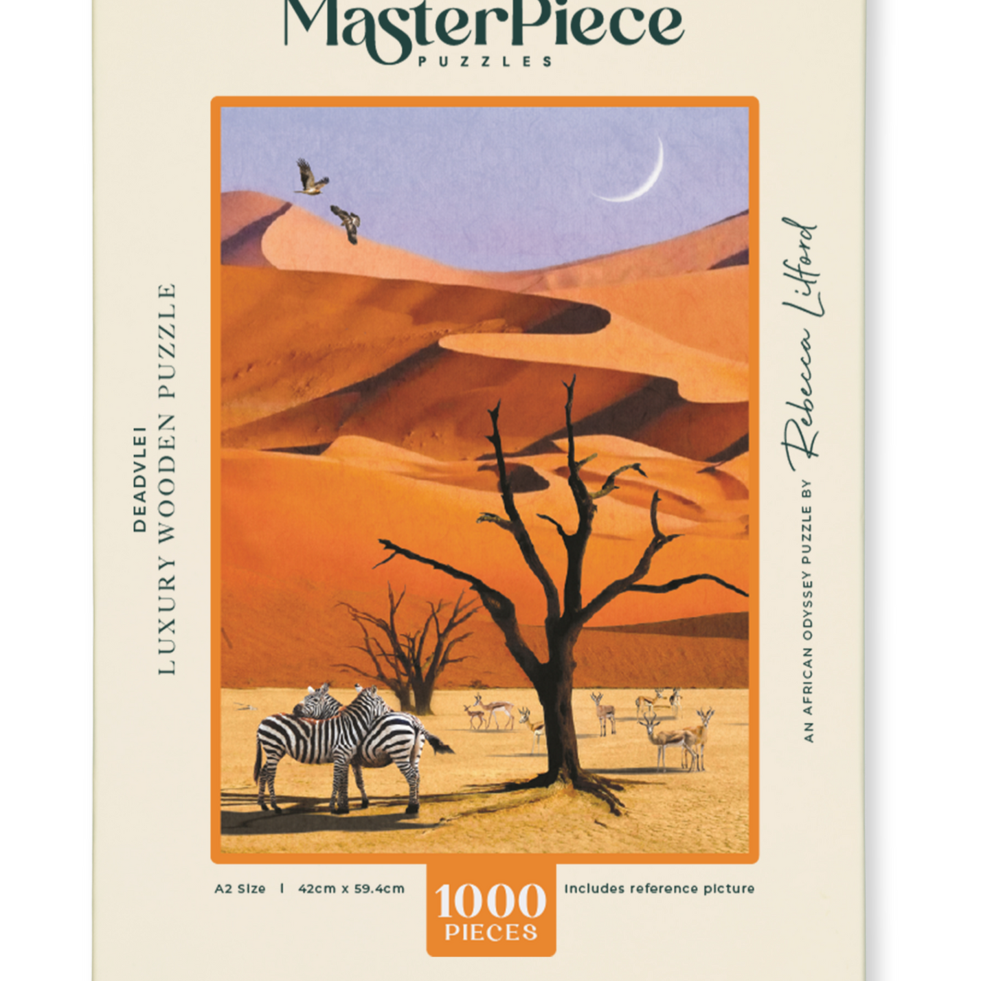 Deadvlei is a MasterPiece wooden jigsaw puzzle from the African Odyssey poster series designed to showcase Africa’s most iconic natural wonders. 
Precision-cut from 3mm thick wood and expertly printed, our MasterPiece puzzles offer a tactile and satisfying puzzling experience like no other. They are perfect for art lovers, nature enthusiasts and anyone looking for a thoughtful gift.