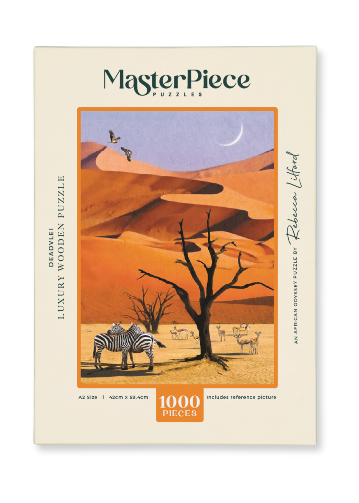 Deadvlei is a MasterPiece wooden jigsaw puzzle from the African Odyssey poster series designed to showcase Africa’s most iconic natural wonders. 
Precision-cut from 3mm thick wood and expertly printed, our MasterPiece puzzles offer a tactile and satisfying puzzling experience like no other. They are perfect for art lovers, nature enthusiasts and anyone looking for a thoughtful gift.