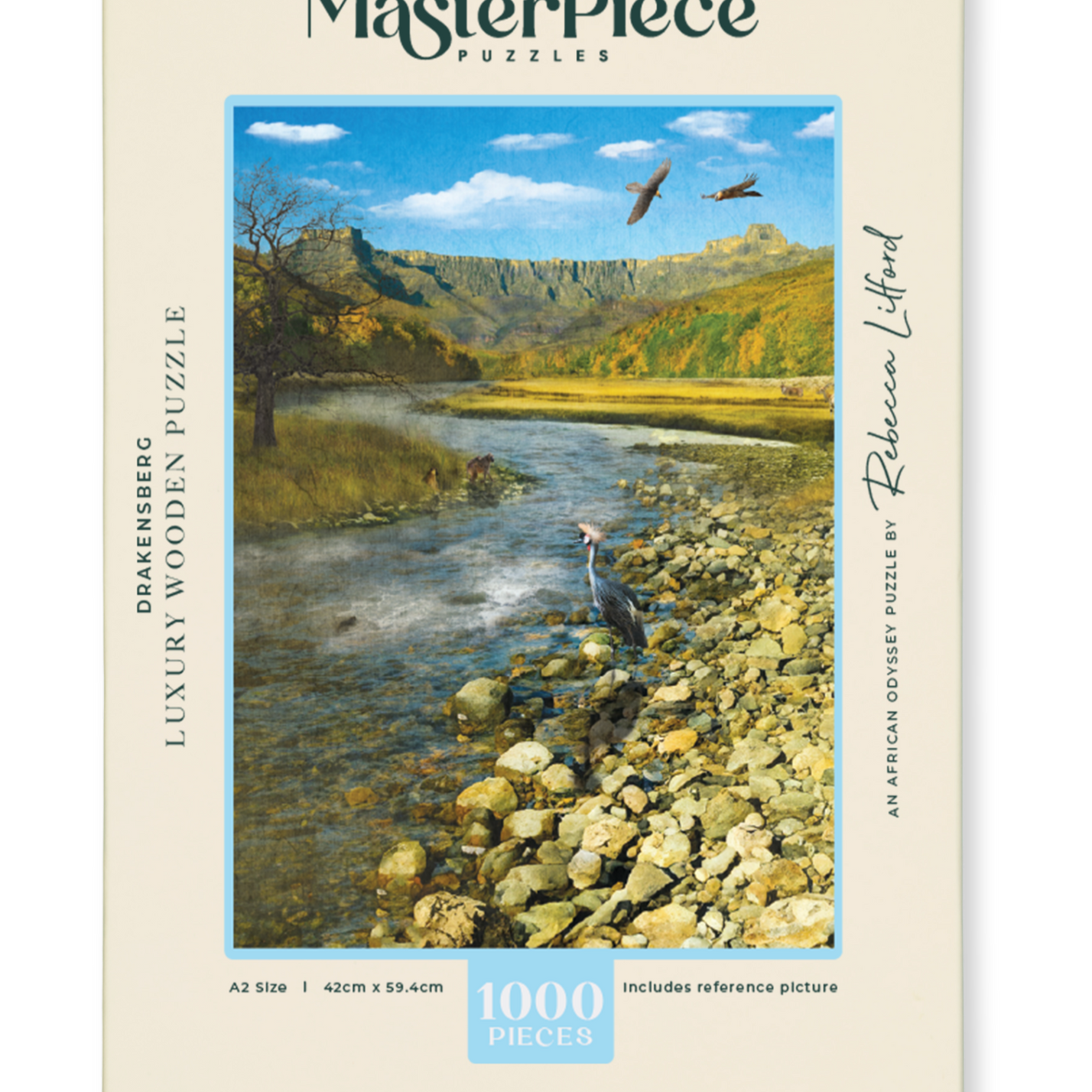 Drakensberg is a MasterPiece wooden jigsaw puzzle from the African Odyssey poster series designed to showcase Africa’s most iconic natural wonders. The Drakensberg Amphitheatre, located in KwaZulu-Natal, South Africa, stretches over 5 km and rises up to 1.2 km high. Precision-cut from 3mm thick wood and expertly printed, our MasterPiece puzzles offer a tactile and satisfying puzzling experience like no other. They are perfect for art lovers, nature enthusiasts and anyone looking for a thoughtful gift.