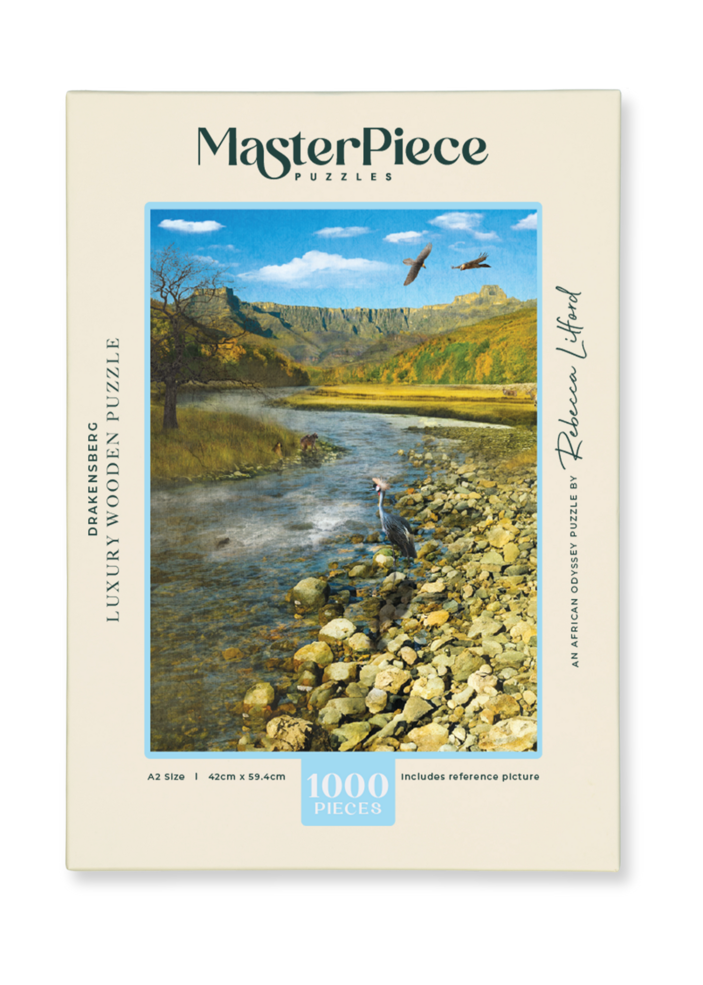 Drakensberg is a MasterPiece wooden jigsaw puzzle from the African Odyssey poster series designed to showcase Africa’s most iconic natural wonders. The Drakensberg Amphitheatre, located in KwaZulu-Natal, South Africa, stretches over 5 km and rises up to 1.2 km high. Precision-cut from 3mm thick wood and expertly printed, our MasterPiece puzzles offer a tactile and satisfying puzzling experience like no other. They are perfect for art lovers, nature enthusiasts and anyone looking for a thoughtful gift.
