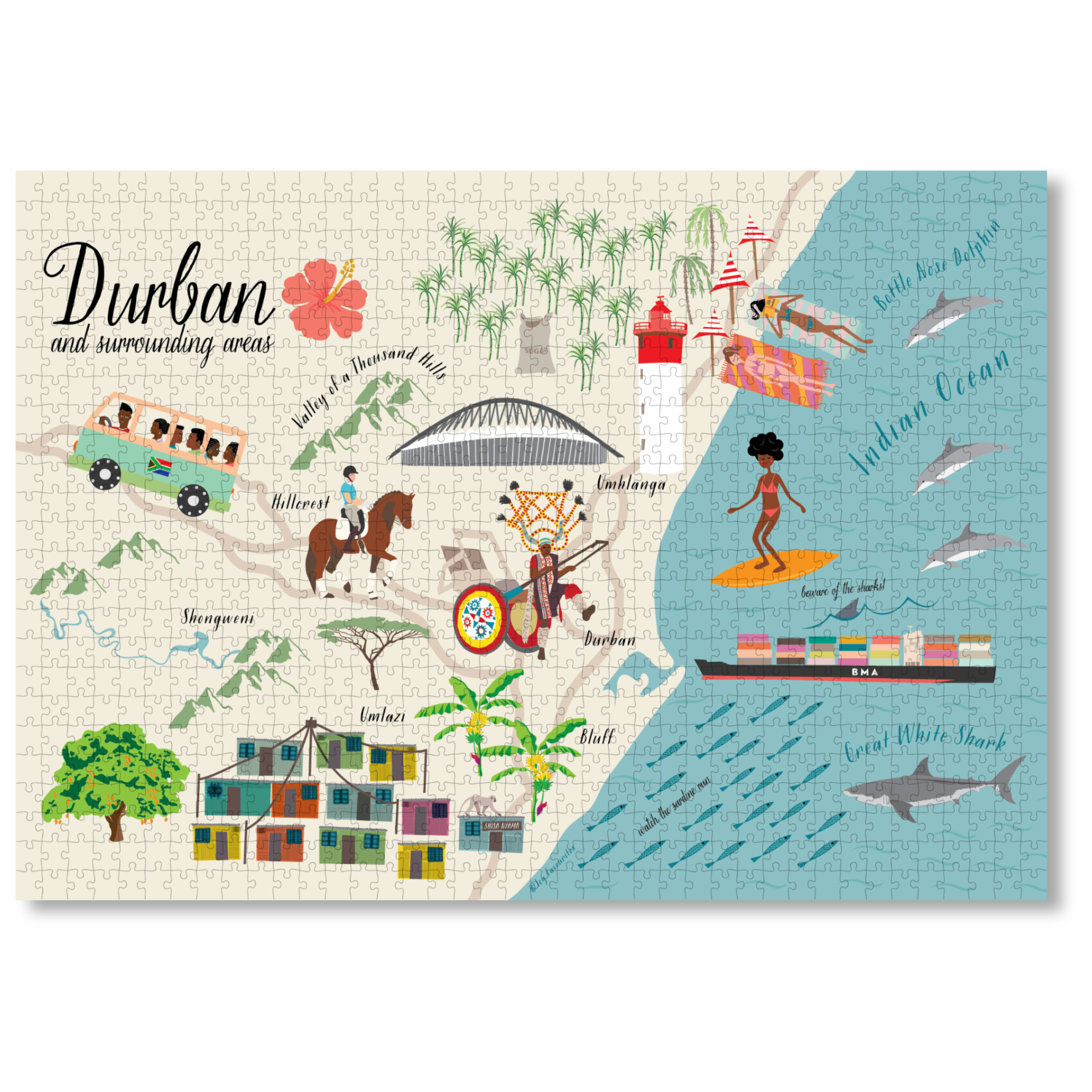 Durban is a MasterPiece wooden jigsaw puzzle that features South Africa’s vibrant coastal city. 
Precision-cut from 3mm thick wood and expertly printed, our MasterPiece puzzles offer a tactile and satisfying puzzling experience like no other. They are perfect for art lovers, proud South Africans, tourists and anyone looking for a thoughtful gift.