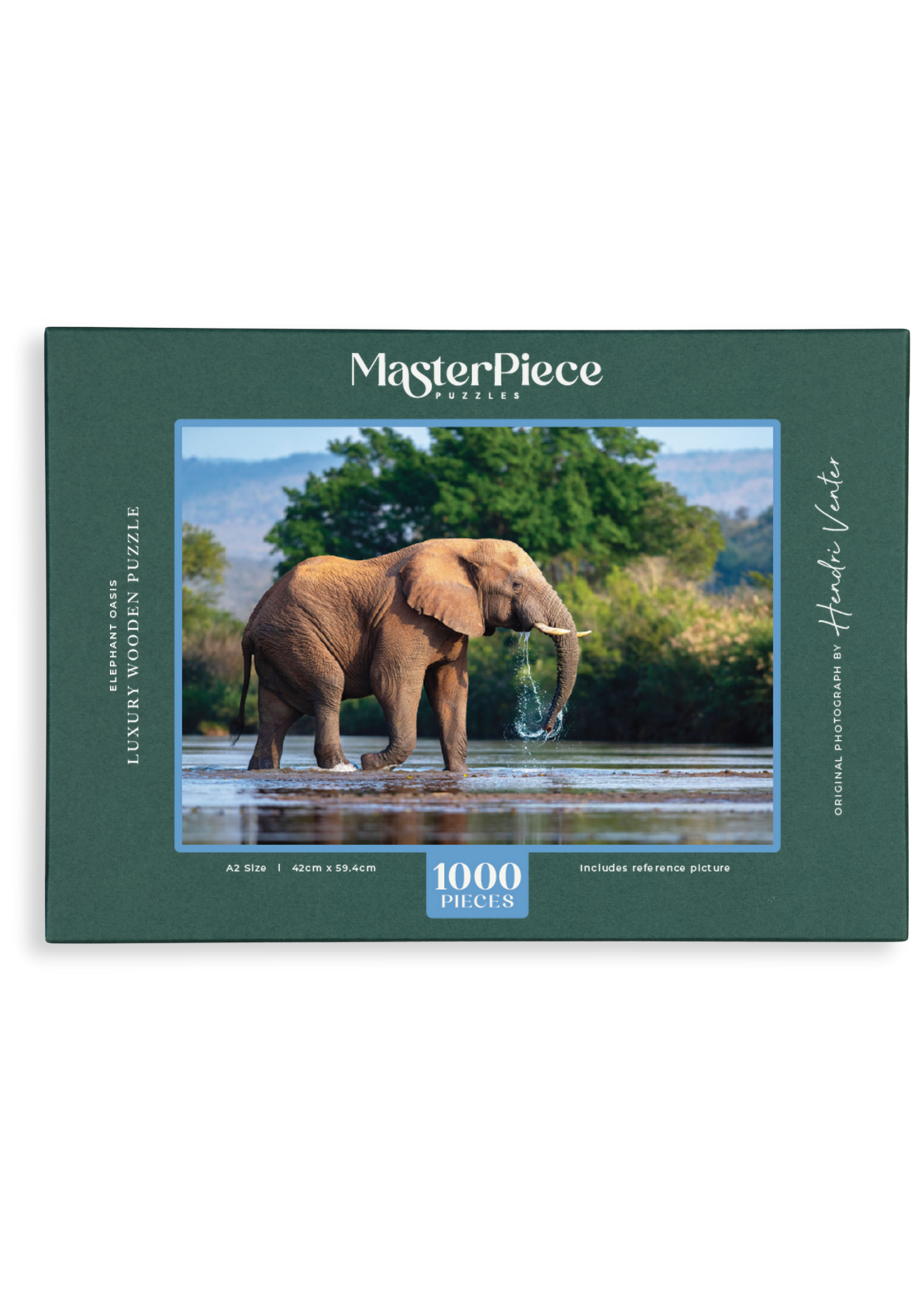 A wooden jigsaw puzzle featuring a photograph of an elephant bull. Perfect for wildlife lovers, nature enthusiasts and anyone looking for a thoughtful gift.