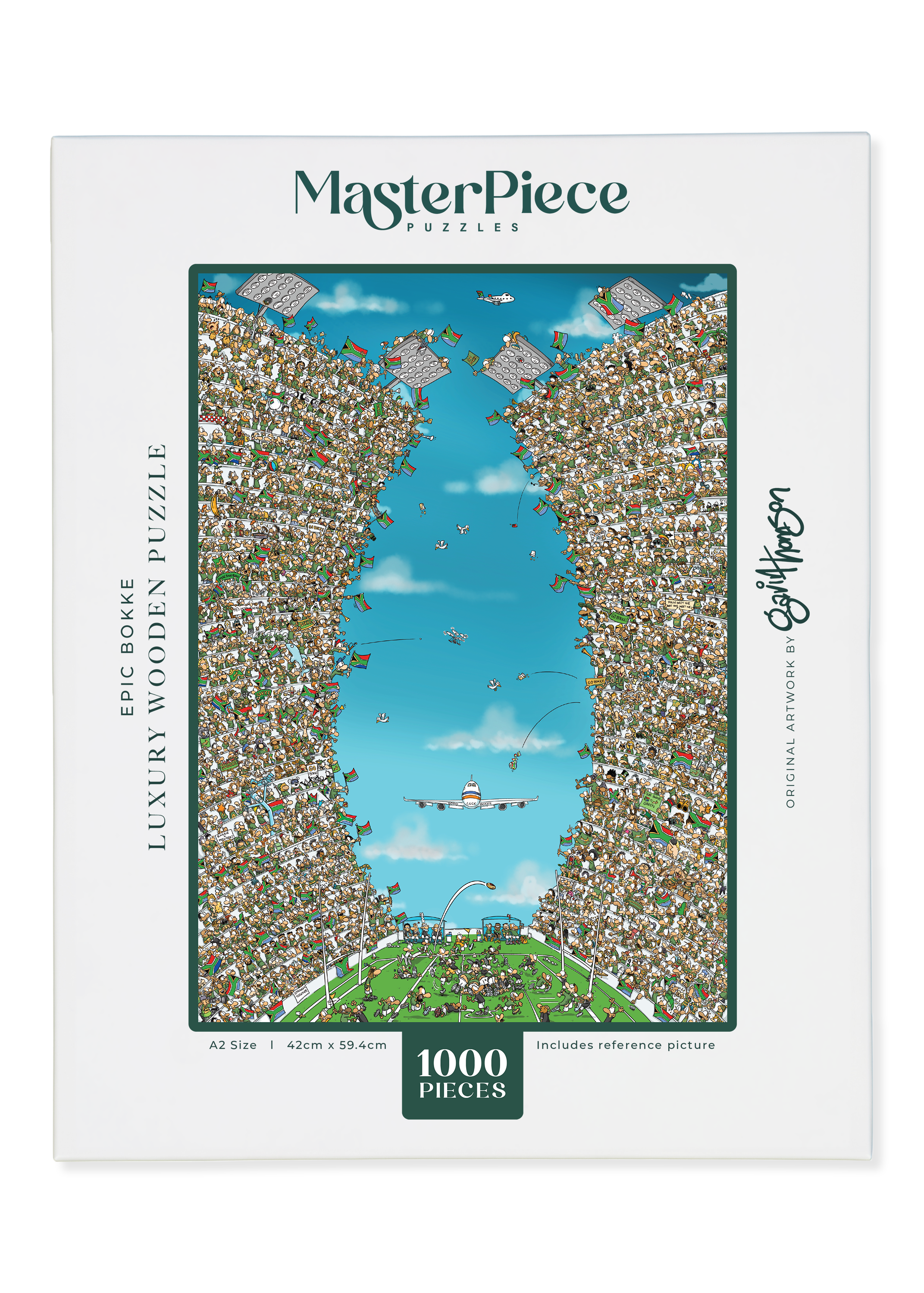 Epic Bokke is a MasterPiece wooden jigsaw puzzle that showcases a passionate crowd of of Springbok fans, along with the game taking place on the pitch. With every small detail, it's a challenging build, packed with colour and energy, but 100% worth the effort once complete. 