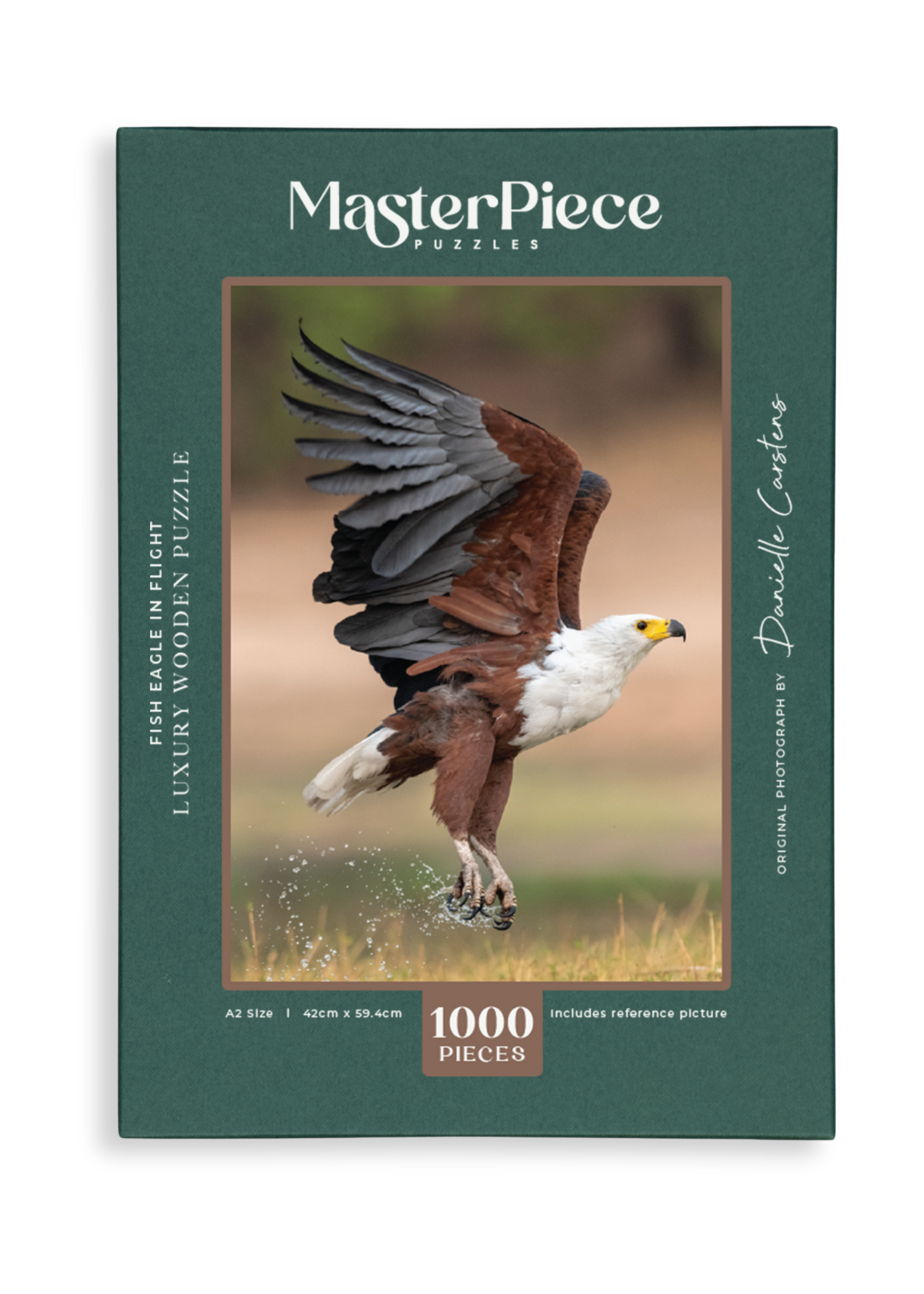 A wooden jigsaw puzzle featuring photograph of a fish eagle. Perfect for wildlife lovers, birders, nature enthusiasts and anyone looking for a thoughtful gift. 