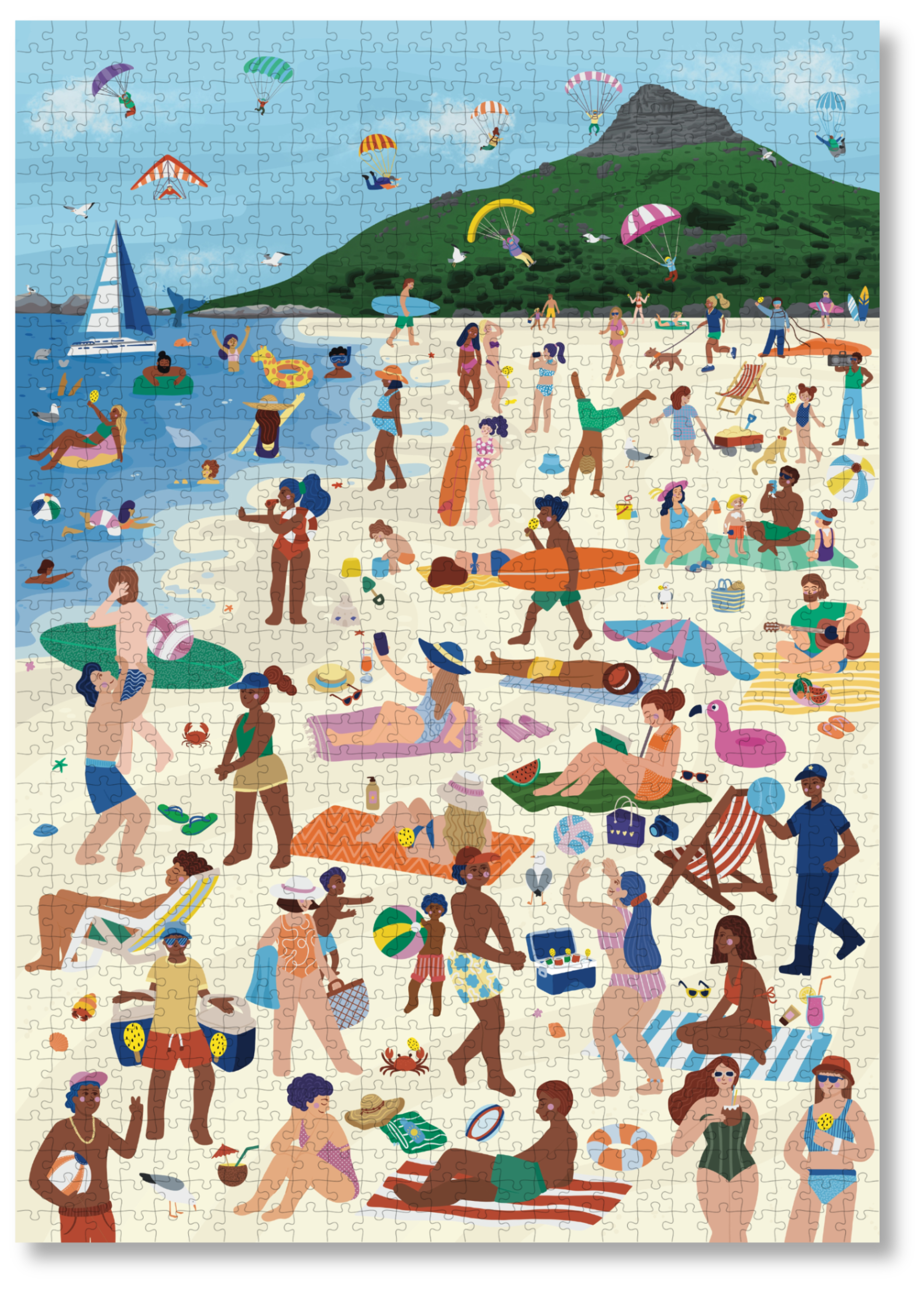 Wooden jigsaw puzzle showing people and granadilla lollies on Camps Bay Beach in Cape Town