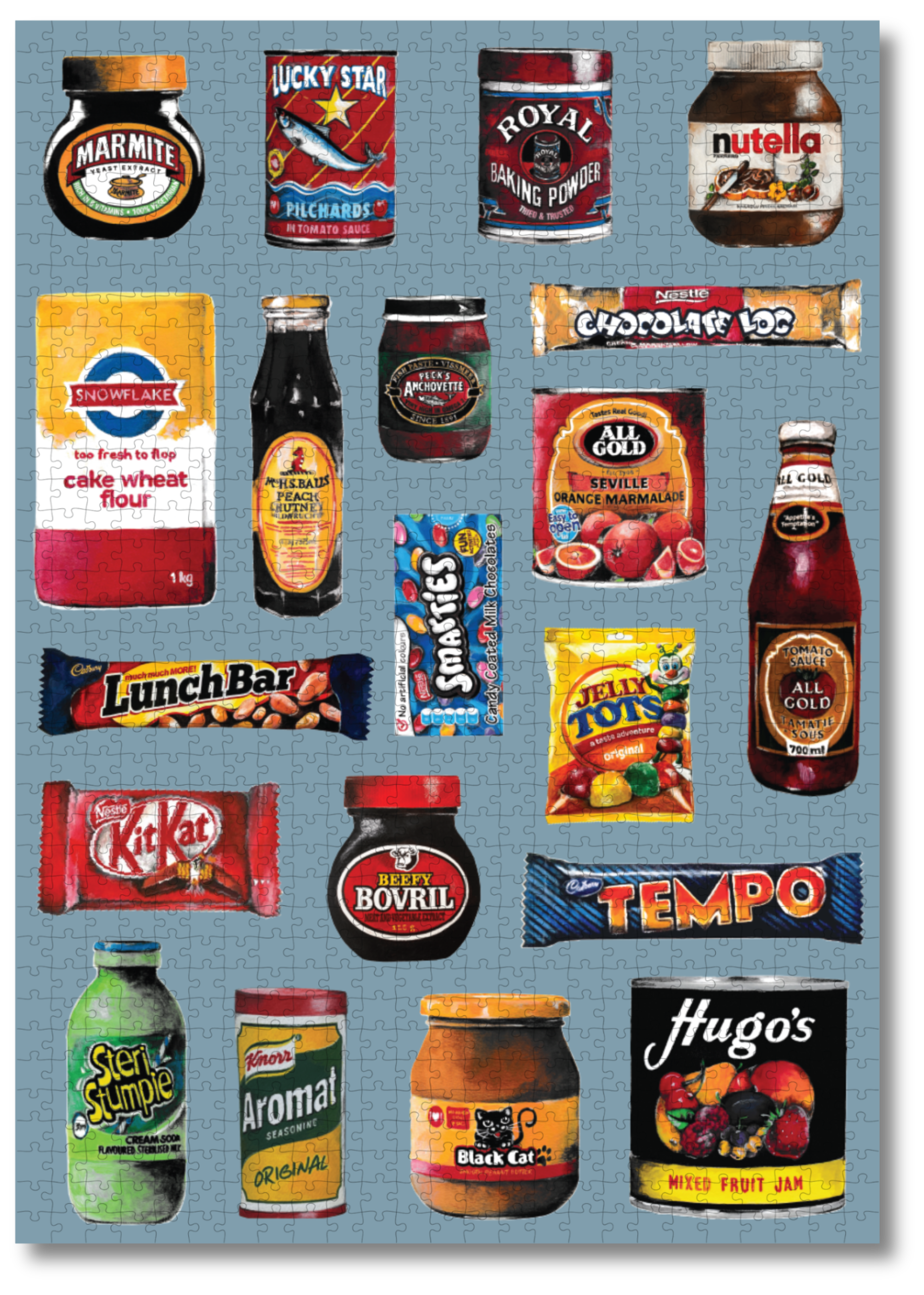Groceries is a MasterPiece wooden jigsaw puzzle that features a lively acrylic artwork of a colourful array of beloved South African foods, from snacks to staples. Precision-cut from 3mm thick wood and expertly printed, our MasterPiece puzzles offer a tactile and satisfying puzzling experience like no other. They are perfect for proud South Africans, puzzle enthusiasts and anyone looking for a thoughtful gift. 