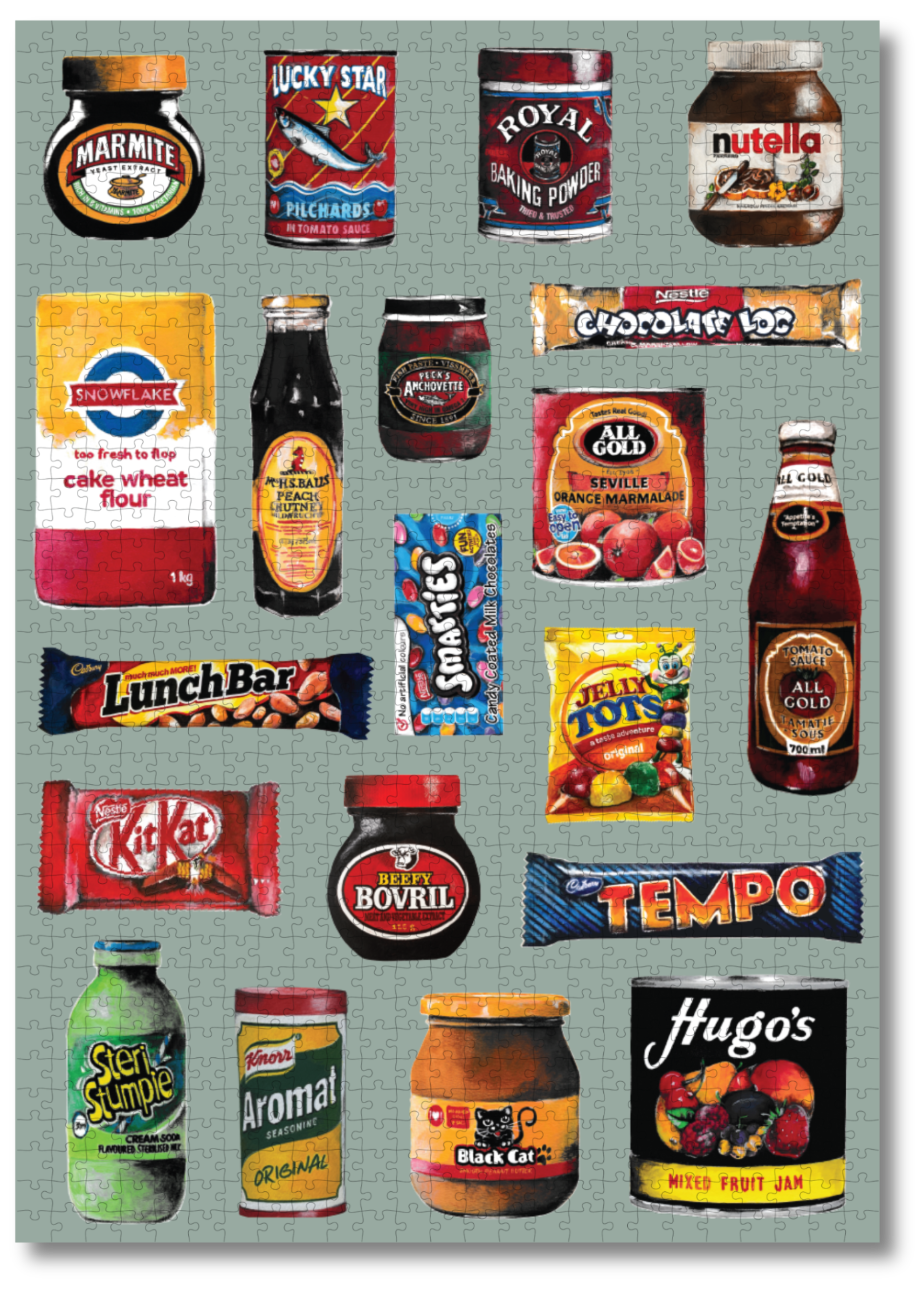 Groceries is a MasterPiece wooden jigsaw puzzle that features a lively acrylic artwork of a colourful array of beloved South African foods, from snacks to staples. Precision-cut from 3mm thick wood and expertly printed, our MasterPiece puzzles offer a tactile and satisfying puzzling experience like no other. They are perfect for proud South Africans, puzzle enthusiasts and anyone looking for a thoughtful gift. 