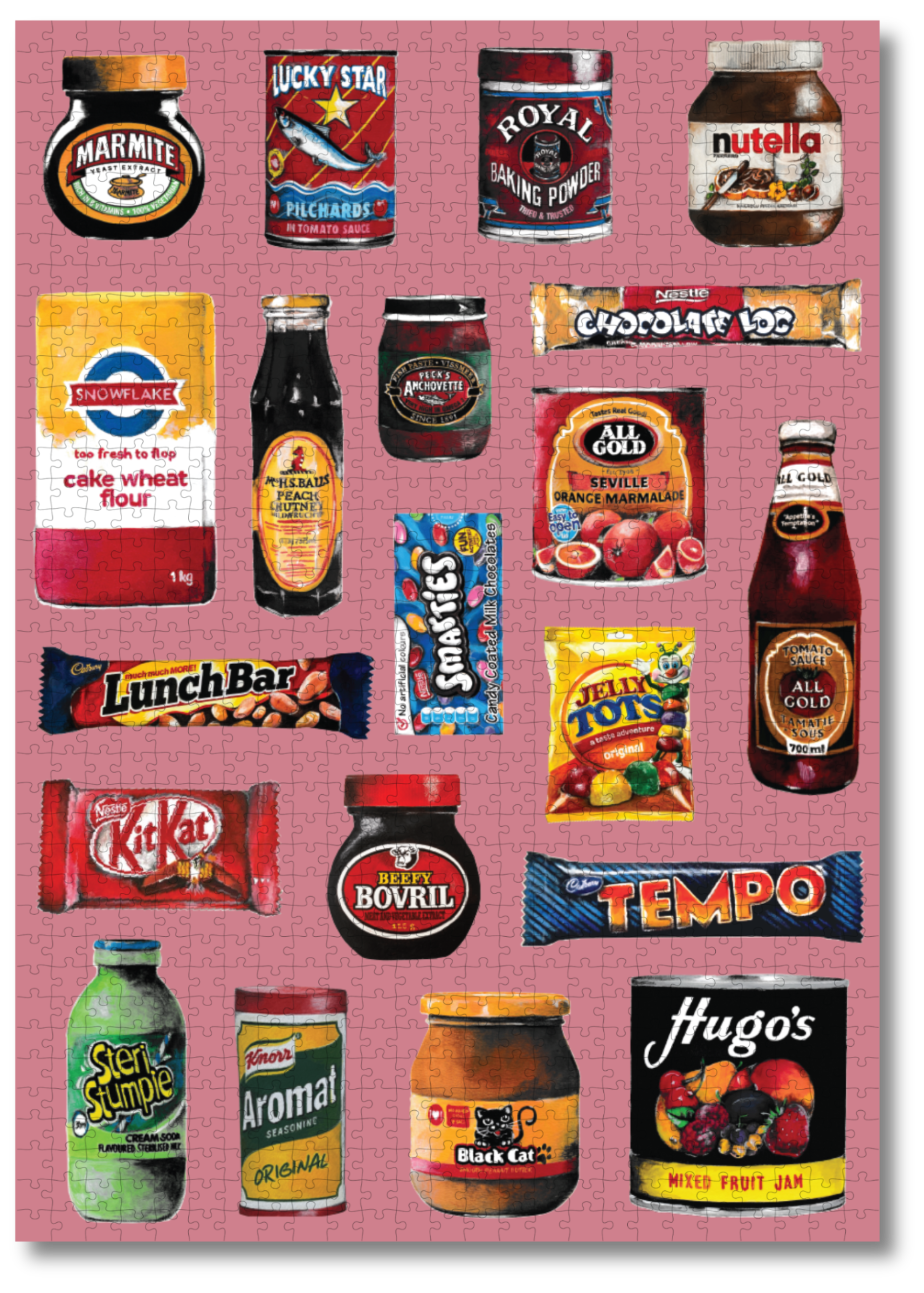 Groceries is a MasterPiece wooden jigsaw puzzle that features a lively acrylic artwork of a colourful array of beloved South African foods, from snacks to staples. Precision-cut from 3mm thick wood and expertly printed, our MasterPiece puzzles offer a tactile and satisfying puzzling experience like no other. They are perfect for proud South Africans, puzzle enthusiasts and anyone looking for a thoughtful gift. 