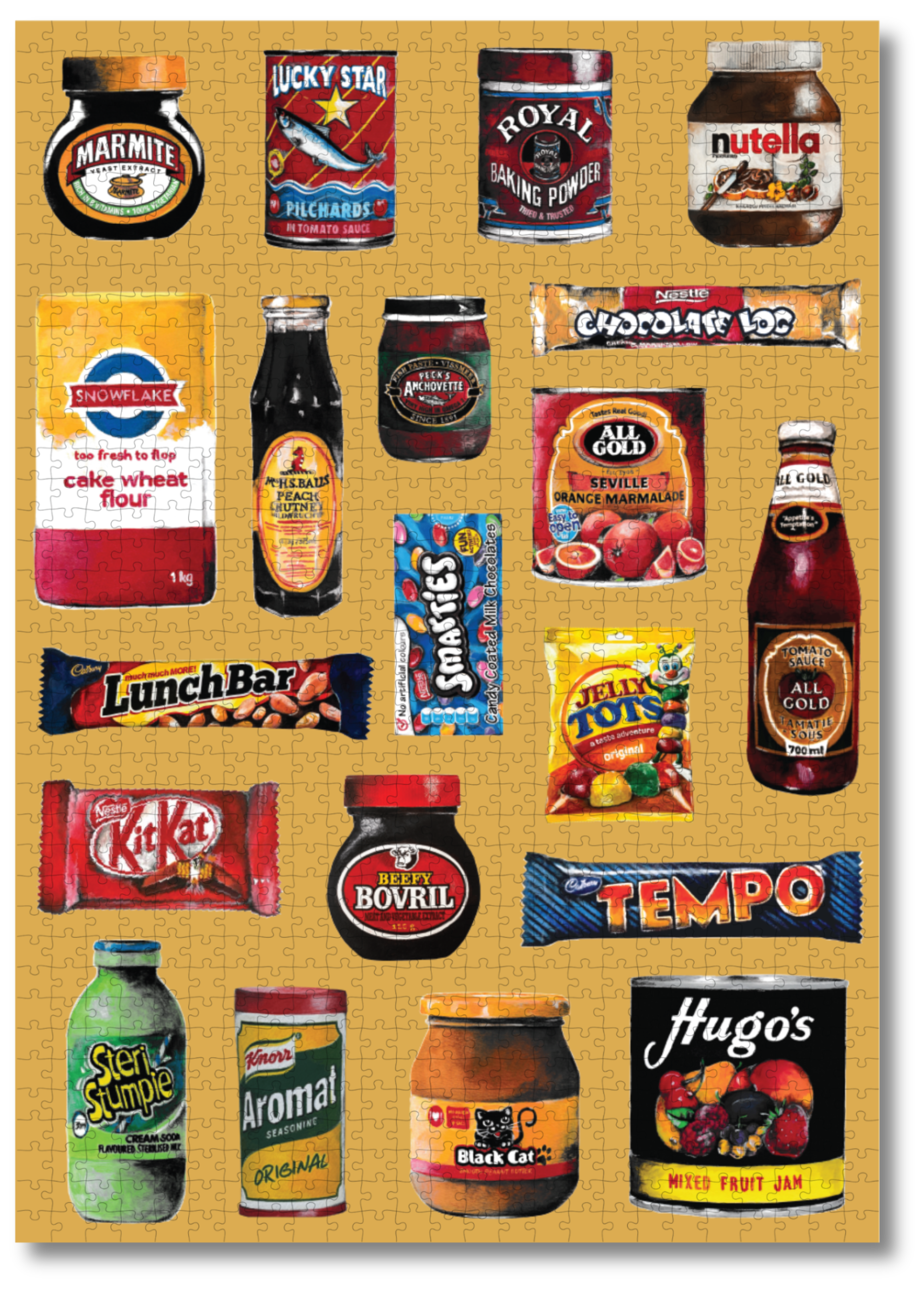 Groceries is a MasterPiece wooden jigsaw puzzle that features a lively acrylic artwork of a colourful array of beloved South African foods, from snacks to staples. Precision-cut from 3mm thick wood and expertly printed, our MasterPiece puzzles offer a tactile and satisfying puzzling experience like no other. They are perfect for proud South Africans, puzzle enthusiasts and anyone looking for a thoughtful gift. 