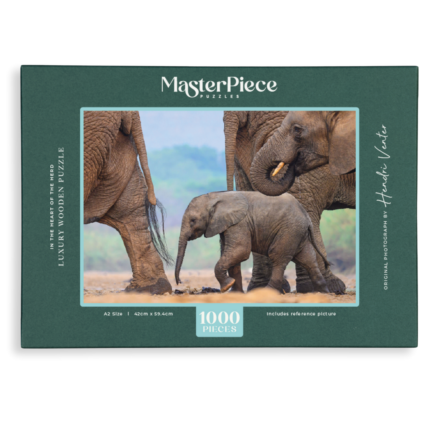 In The Heart Of The Herd is a MasterPiece wooden jigsaw puzzle that features a beautiful  photograph of an elephant calf walking among other elephants in its herd. Precision-cut from 3mm thick wood and expertly printed, our MasterPiece puzzles offer a tactile and satisfying puzzling experience like no other. They are perfect for wildlife lovers, nature enthusiasts and anyone looking for a thoughtful gift. 
