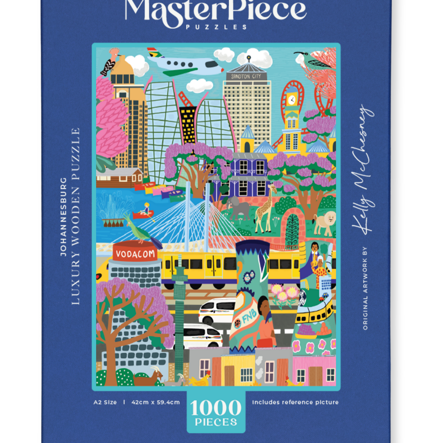 Johannesburg is a MasterPiece wooden jigsaw puzzle of a vibrant, playful portrait of Jozi, where iconic buildings, everyday moments and bursts of colour come together in Kelly McChesney’s unmistakable style.

Precision-cut from 3mm thick wood and expertly printed, our MasterPiece puzzles offer a tactile and satisfying puzzling experience like no other. They are perfect for art lovers, proud South Africans, tourists and anyone looking for a thoughtful gift.