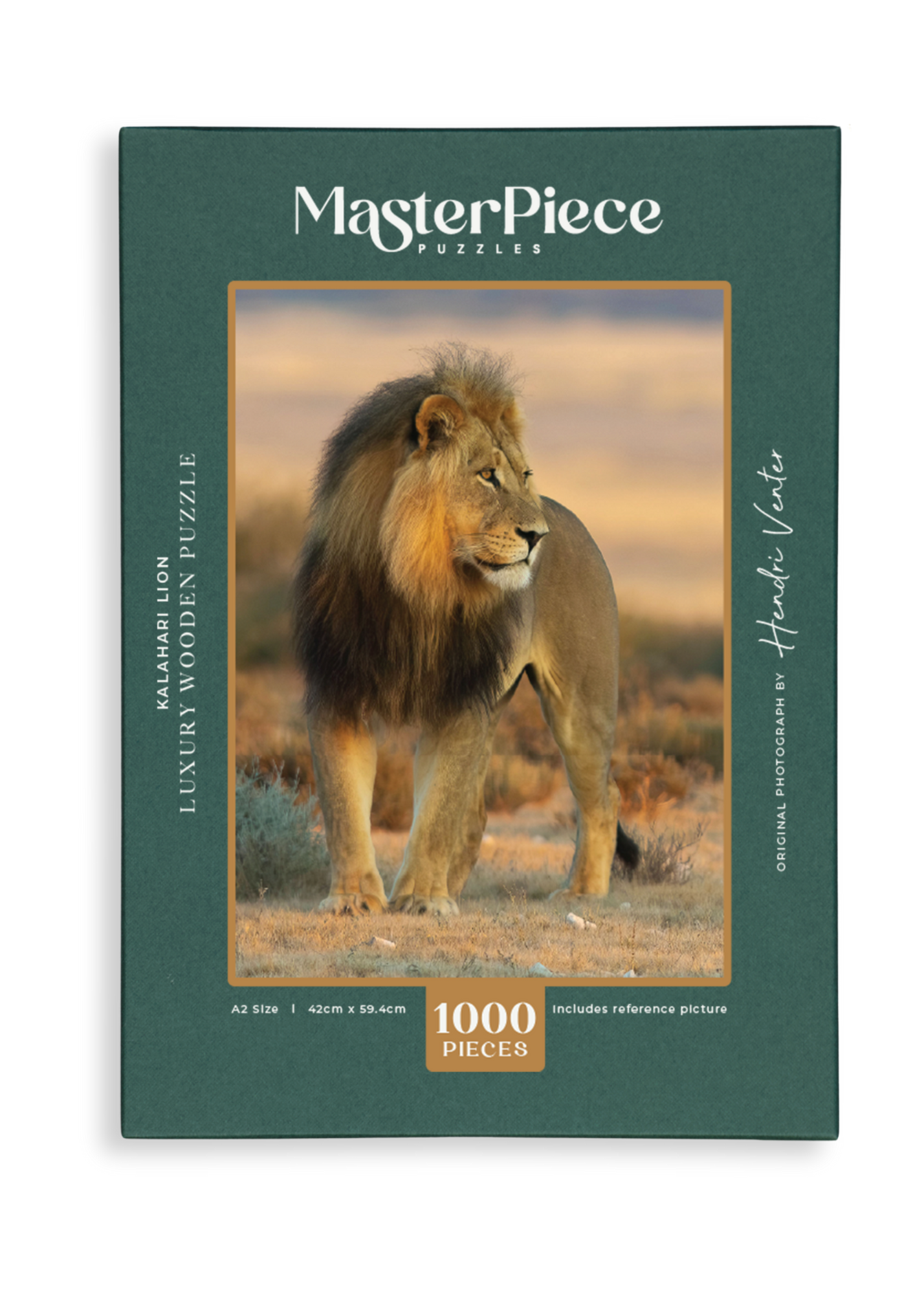 Kalahari Lion is a MasterPiece wooden jigsaw puzzle featuring a beautiful photograph of a male lion in the Kalahari. 

Precision-cut from 3mm thick wood and expertly printed, our MasterPiece puzzles offer a tactile and satisfying puzzling experience like no other. They are perfect for wildlife lovers, nature enthusiasts and anyone looking for a thoughtful gift.