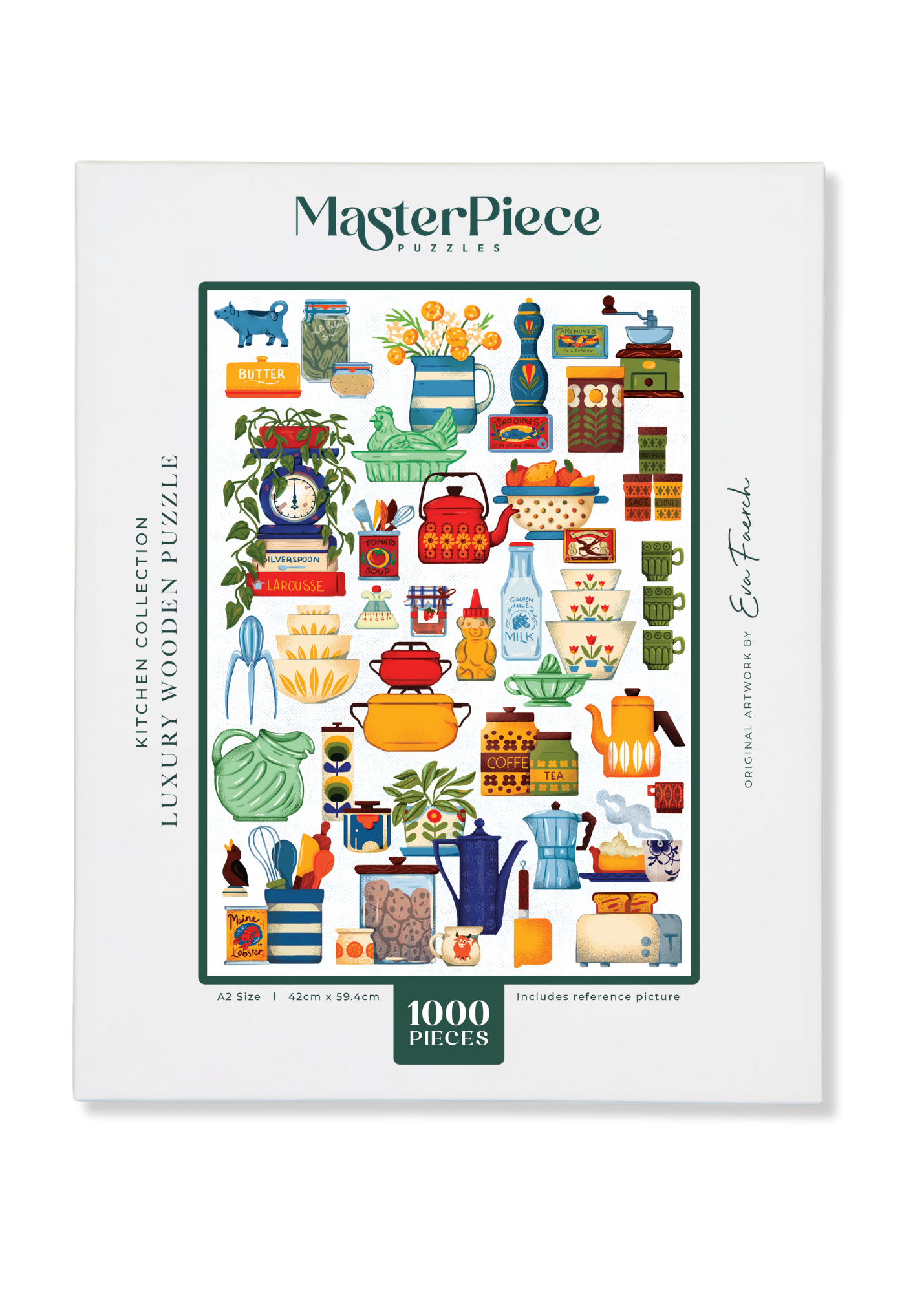 Kitchen Collection is a MasterPiece wooden jigsaw puzzle features a colourful array of vintage kitchenalia that we all remember. Building this puzzle feels like you're rummaging through a well-used cupboard in an eclectic kitchen of the past. Precision-cut from 3mm wood and expertly printed, our MasterPiece puzzles offer a tactile and satisfying puzzling experience like no other. This puzzle is perfect for art lovers, proud South Africans and anyone looking for a thoughtful gift.