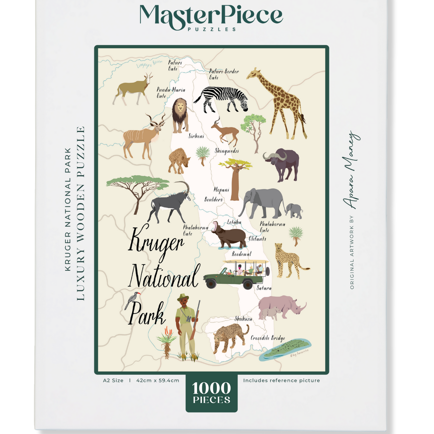 Kruger National Park is a MasterPiece wooden jigsaw puzzle of South Africa’s world-famous wildlife haven. This premium wooden map puzzle celebrates its vast savannahs, iconic animals and diverse ecosystems. Precision-cut from 3mm thick wood and expertly printed, our MasterPiece puzzles offer a tactile and satisfying puzzling experience like no other. They are perfect for art lovers, proud South Africans, tourists and anyone looking for a thoughtful gift. 
