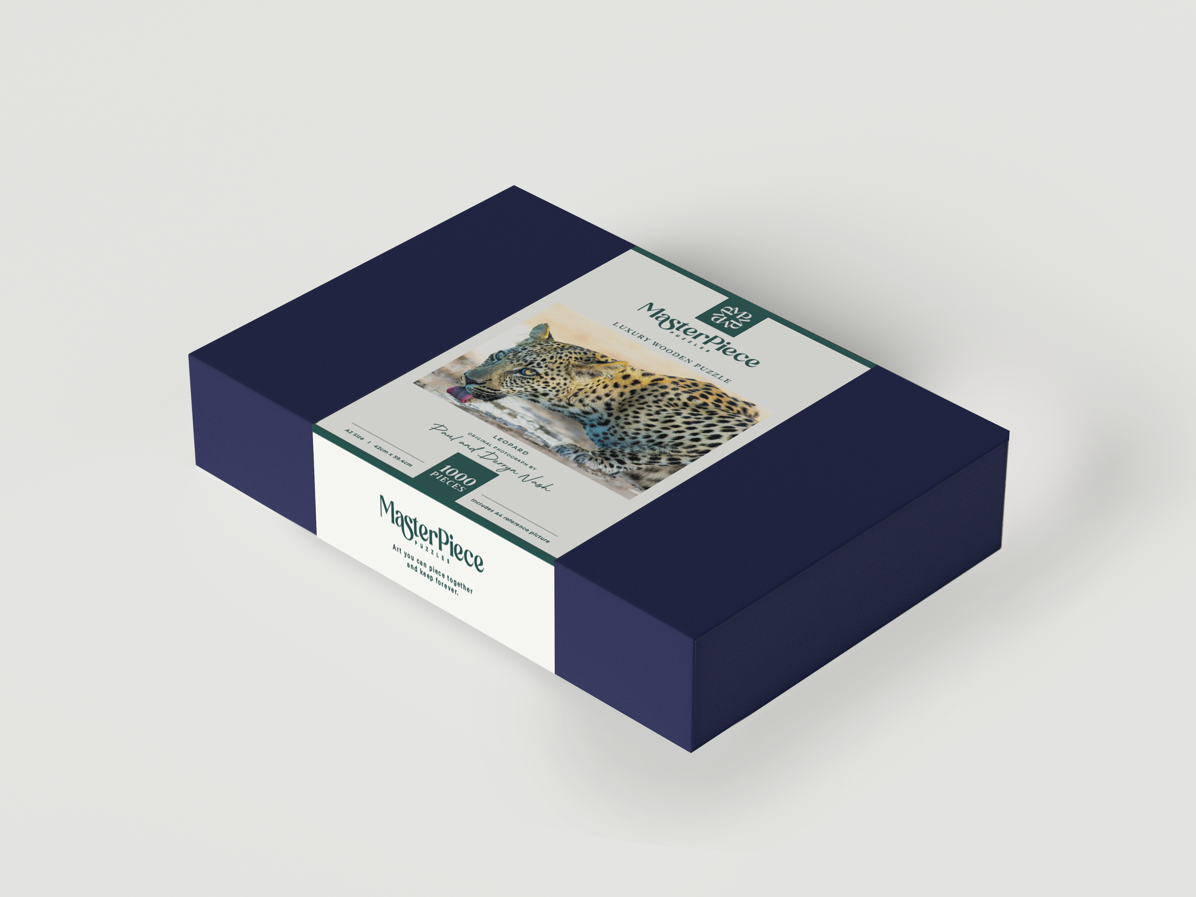 Beautiful custom MasterPiece puzzle box for a luxury wooden puzzle of  leopard taken by photographer Paul and Derryn Nash