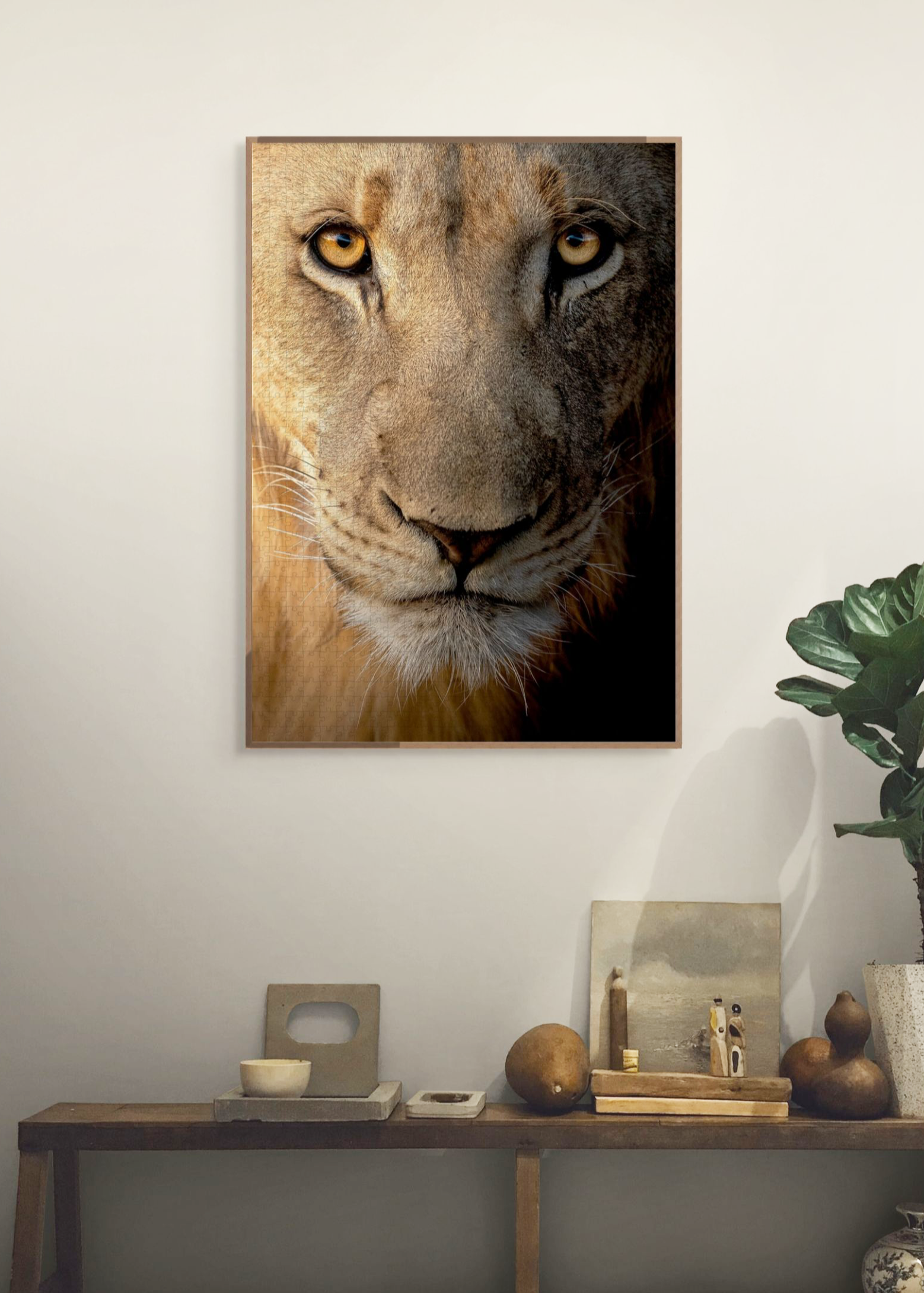 A wooden jigsaw puzzle featuring a striking photo of a male lion. Perfect for wildlife lovers, nature enthusiasts and anyone looking for a thoughtful gift.