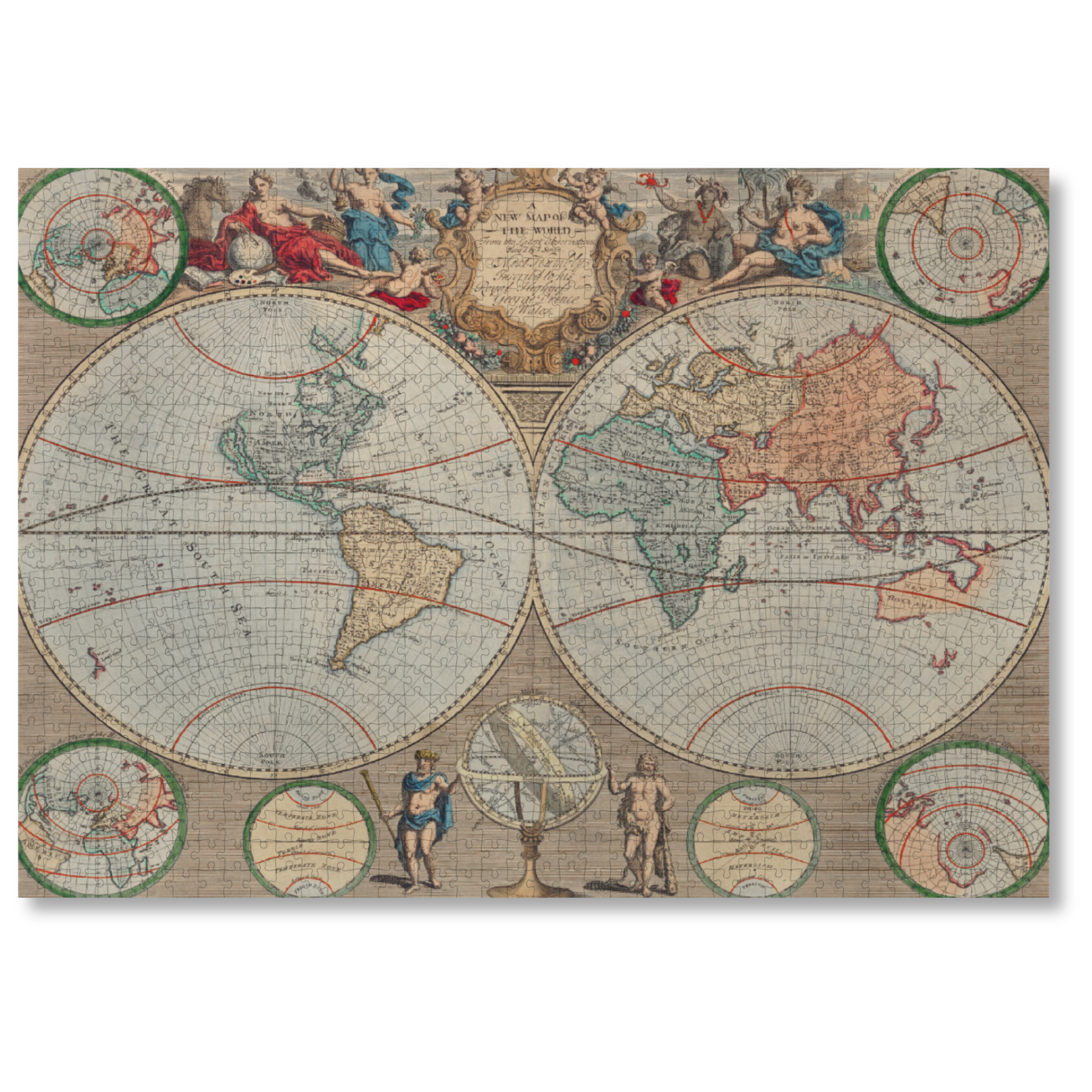 Vintage-style world map with decorative elements on a beige background