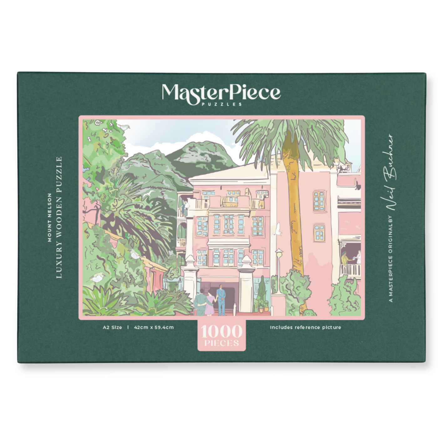 Mount Nelson is a MasterPiece wooden jigsaw puzzle featuring an illustration of the legendary "Pink Lady" hotel.
Precision-cut from 3mm thick wood and expertly printed, our MasterPiece puzzles offer a tactile and satisfying puzzling experience like no other. This puzzle is perfect for art enthusiasts, Cape Town lovers and anyone looking for a thoughtful gift.