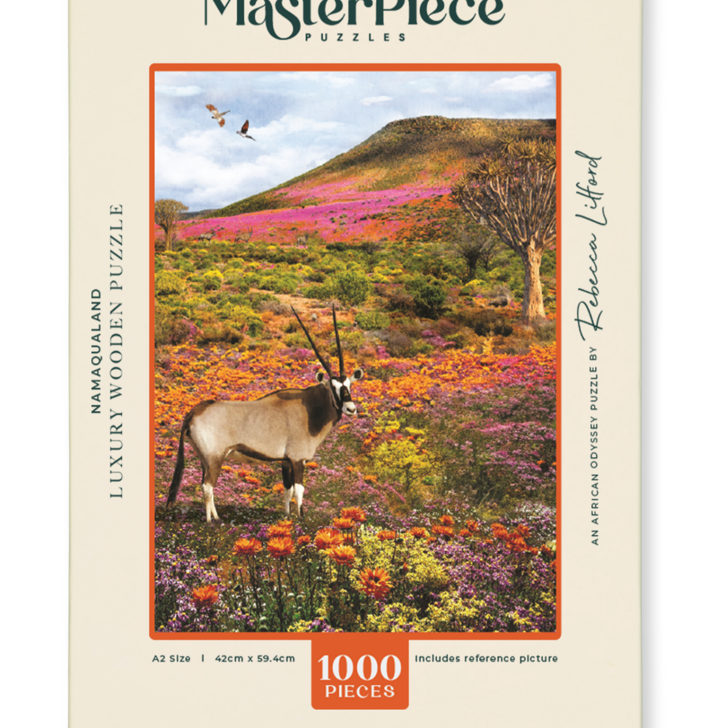 Namaqualand is a MasterPiece wooden jigsaw puzzle from the African Odyssey poster series designed to showcase Africa’s most iconic natural wonders. This one captures the region in South Africa famous for its stunning spring wildflower bloom. Precision-cut from 3mm thick wood and expertly printed, our MasterPiece puzzles offer a tactile and satisfying puzzling experience like no other. They are perfect for art lovers, nature enthusiasts and anyone looking for a thoughtful gift.