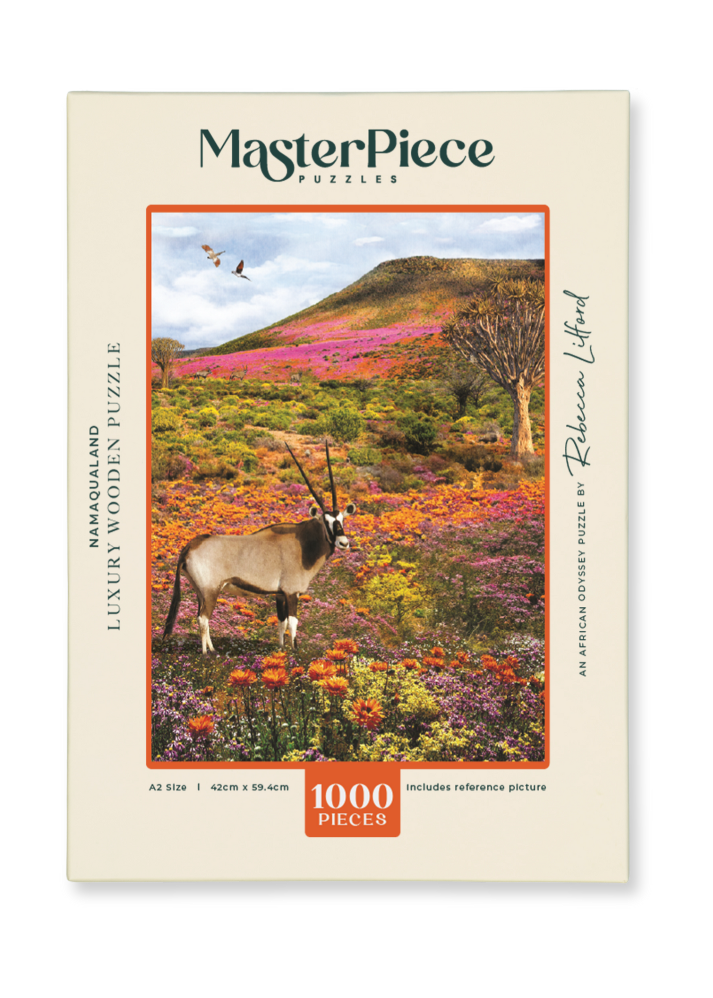 Namaqualand is a MasterPiece wooden jigsaw puzzle from the African Odyssey poster series designed to showcase Africa’s most iconic natural wonders. This one captures the region in South Africa famous for its stunning spring wildflower bloom. Precision-cut from 3mm thick wood and expertly printed, our MasterPiece puzzles offer a tactile and satisfying puzzling experience like no other. They are perfect for art lovers, nature enthusiasts and anyone looking for a thoughtful gift.