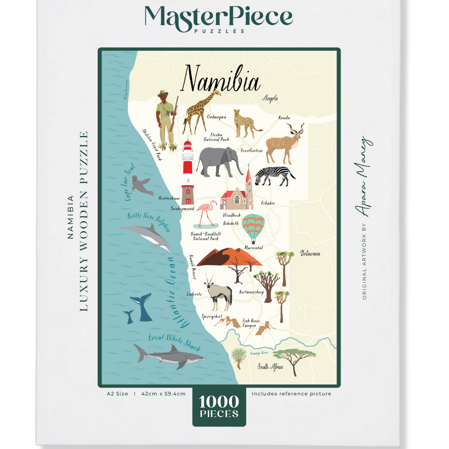 Namibia is a MasterPiece wooden jigsaw puzzle of a beautifully illustrated map that brings the country’s landscapes and stories to life. Learn about Namibia’s ocean life, wildlife and heritage sites as you build this puzzle. 
Precision-cut from 3mm thick wood and expertly printed, our MasterPiece puzzles offer a tactile and satisfying puzzling experience like no other. They are perfect for art enthusiasts, Namibia lovers and anyone looking for a thoughtful gift. 