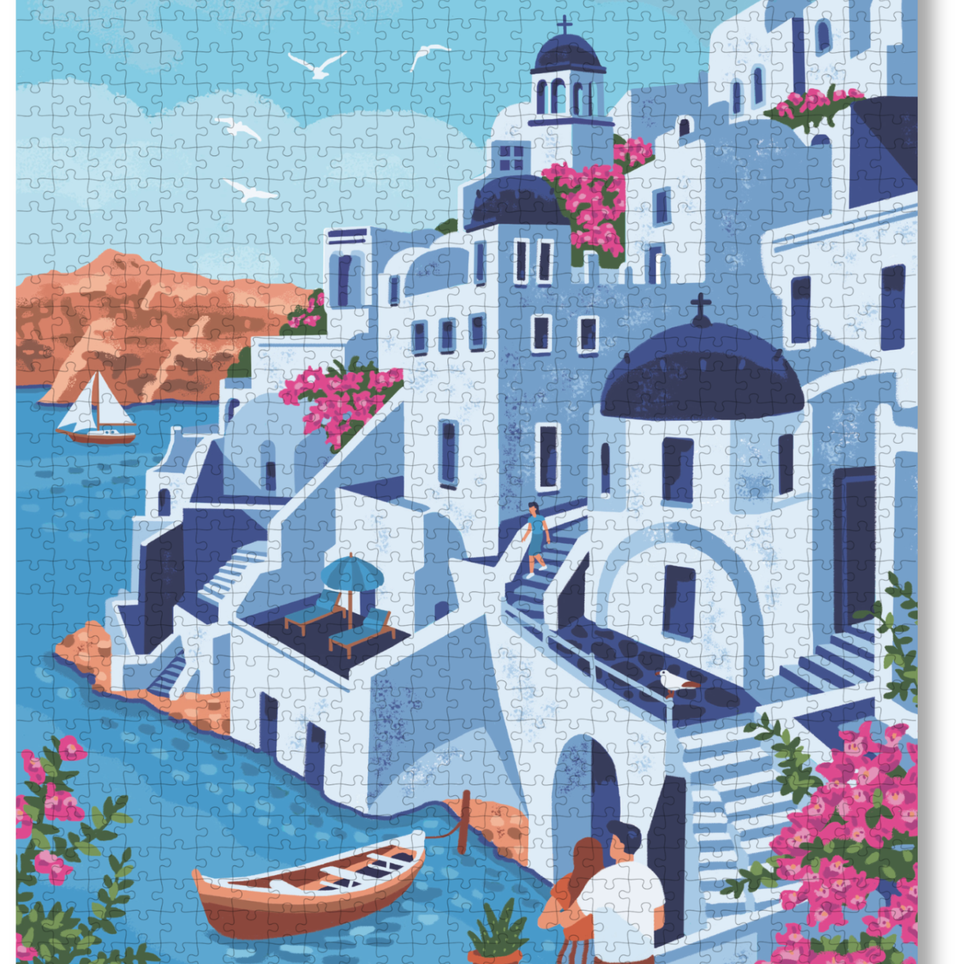  This vibrant wooden puzzle, designed by Sean Crozier, celebrates the stunning Greek island of Santorini, featuring its iconic bougainvillea, whitewashed buildings and blue-domed roofs.