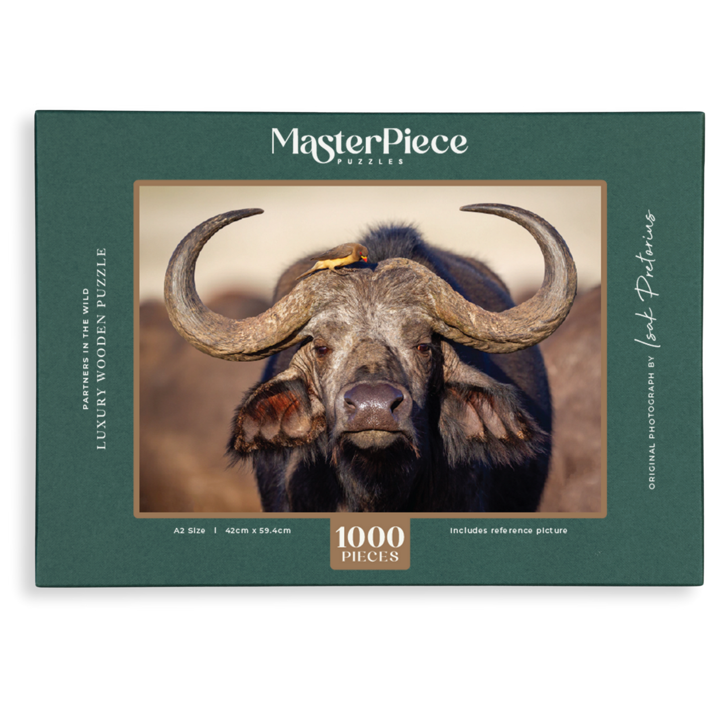 Partners in the Wild is a MasterPiece wooden jigsaw puzzle that features a beautiful portrait photograph of a buffalo and oxpecker. Precision-cut from 3mm thick wood and expertly printed, our MasterPiece puzzles offer a tactile and satisfying puzzling experience like no other. They are perfect for wildlife lovers, nature enthusiasts and anyone looking for a thoughtful gift. 