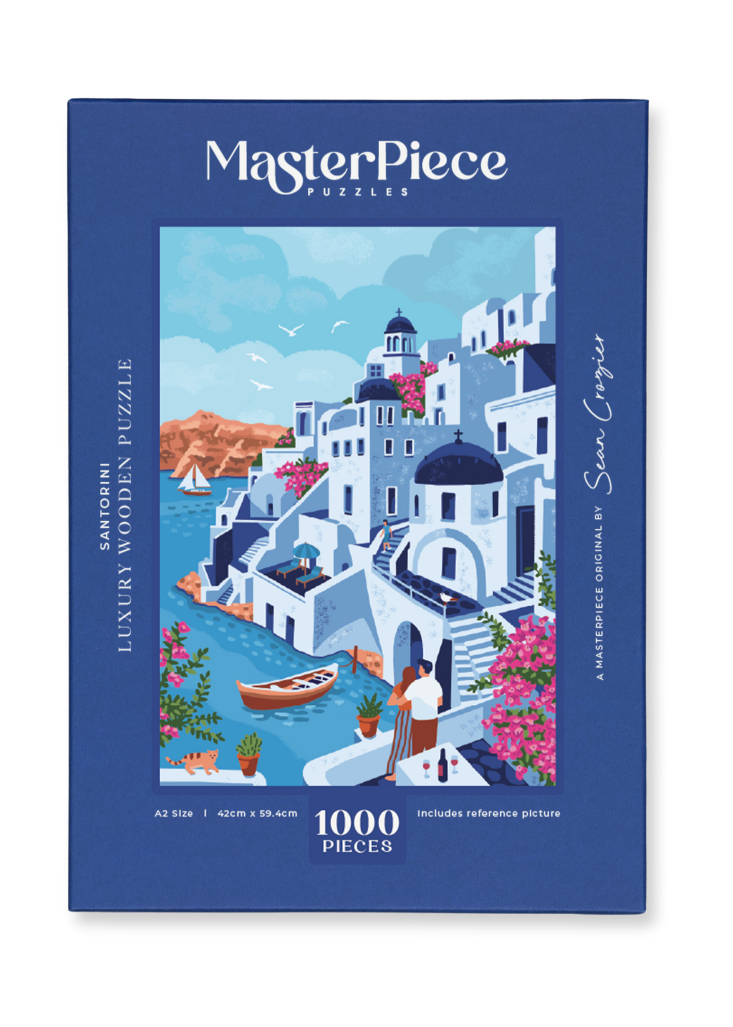 Santorini is a MasterPiece wooden jigsaw puzzle featuring a vibrant illustration celebrating the stunning Greek island of Santorini, featuring its iconic bougainvillea, whitewashed buildings and blue-domed roofs. 
Precision-cut from 3mm thick wood and expertly printed, our MasterPiece puzzles offer a tactile and satisfying puzzling experience like no other. This puzzle is perfect for art lovers, travelers and anyone looking for a thoughtful gift.