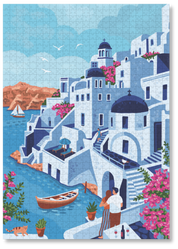Santorini is a MasterPiece wooden jigsaw puzzle featuring a vibrant illustration celebrating the stunning Greek island of Santorini, featuring its iconic bougainvillea, whitewashed buildings and blue-domed roofs. 
Precision-cut from 3mm thick wood and expertly printed, our MasterPiece puzzles offer a tactile and satisfying puzzling experience like no other. This puzzle is perfect for art lovers, travelers and anyone looking for a thoughtful gift.