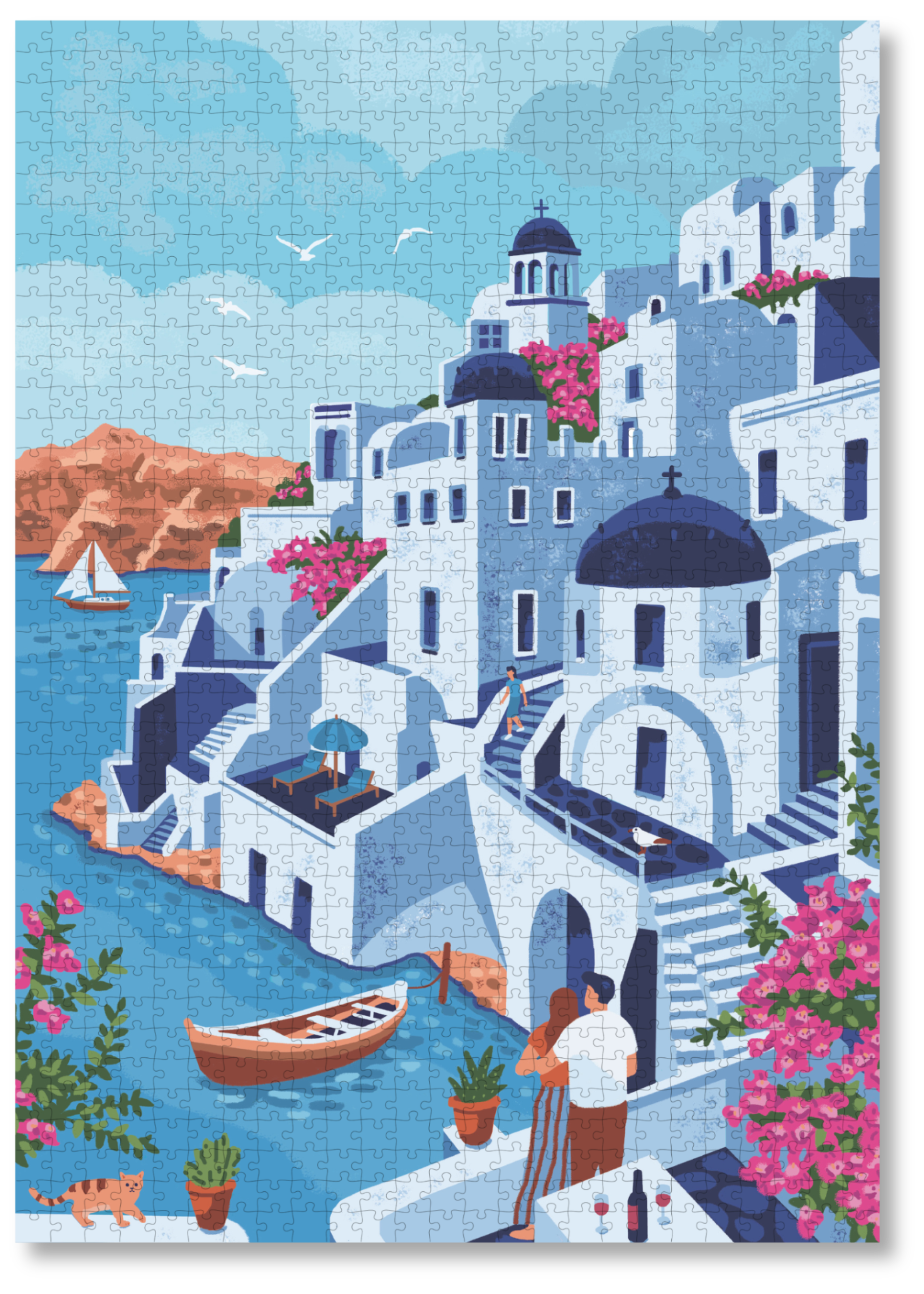 Santorini is a MasterPiece wooden jigsaw puzzle featuring a vibrant illustration celebrating the stunning Greek island of Santorini, featuring its iconic bougainvillea, whitewashed buildings and blue-domed roofs. 
Precision-cut from 3mm thick wood and expertly printed, our MasterPiece puzzles offer a tactile and satisfying puzzling experience like no other. This puzzle is perfect for art lovers, travelers and anyone looking for a thoughtful gift.