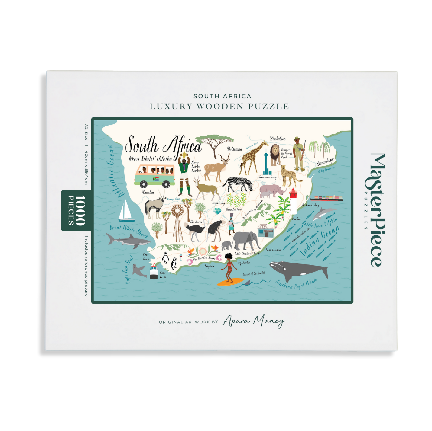 South Africa is a MasterPiece wooden jigsaw puzzle that features a map illustration of the rainbow nation, a country of contrast and character. Uncover its landscapes, cultures and stories piece by piece with this premium wooden map puzzle.

Precision-cut from 3mm thick wood and expertly printed, our MasterPiece puzzles offer a tactile and satisfying puzzling experience like no other. They are perfect for art lovers, proud South Africans, tourists and anyone looking for a thoughtful gift.