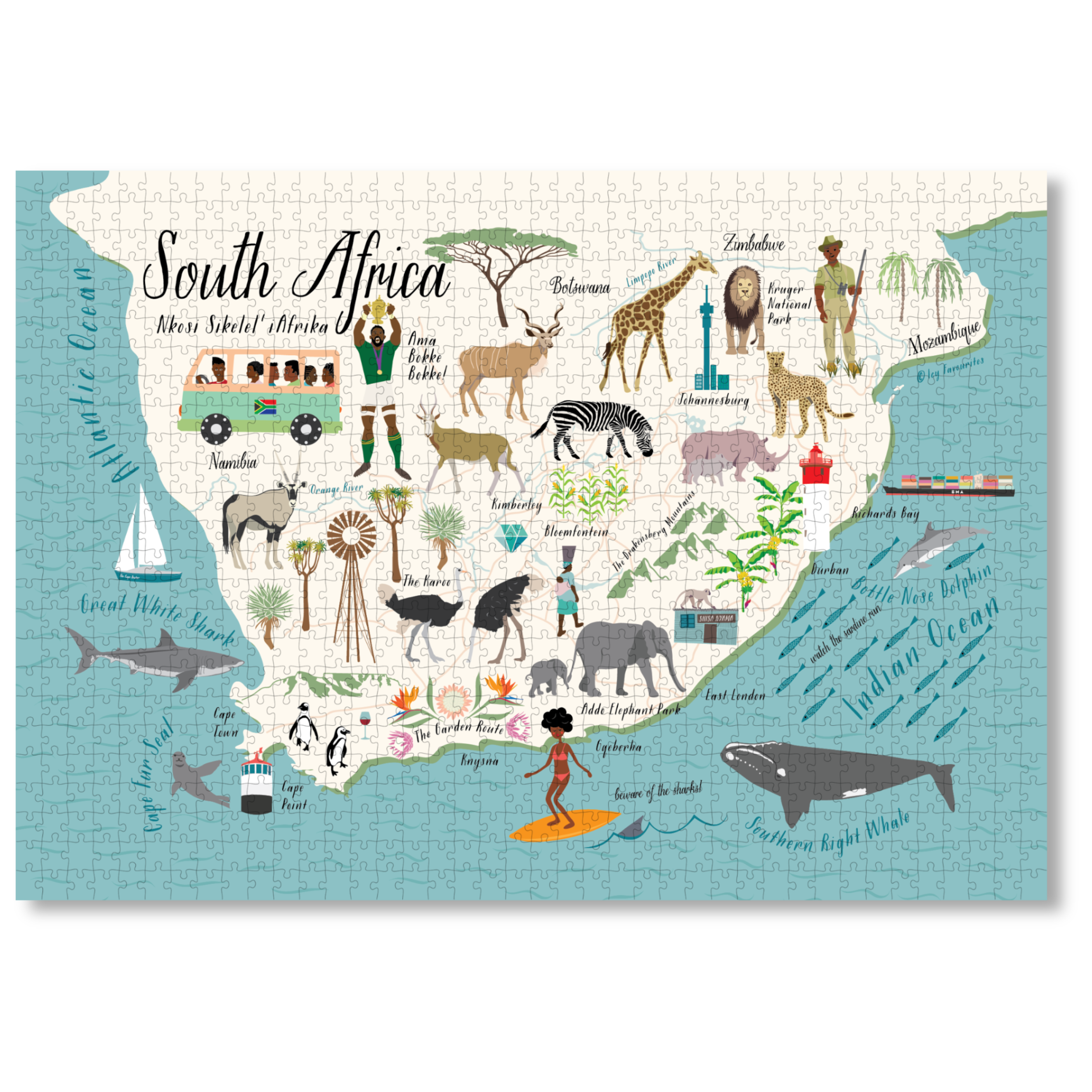 South Africa is a MasterPiece wooden jigsaw puzzle that features a map illustration of the rainbow nation, a country of contrast and character. Uncover its landscapes, cultures and stories piece by piece with this premium wooden map puzzle.

Precision-cut from 3mm thick wood and expertly printed, our MasterPiece puzzles offer a tactile and satisfying puzzling experience like no other. They are perfect for art lovers, proud South Africans, tourists and anyone looking for a thoughtful gift.