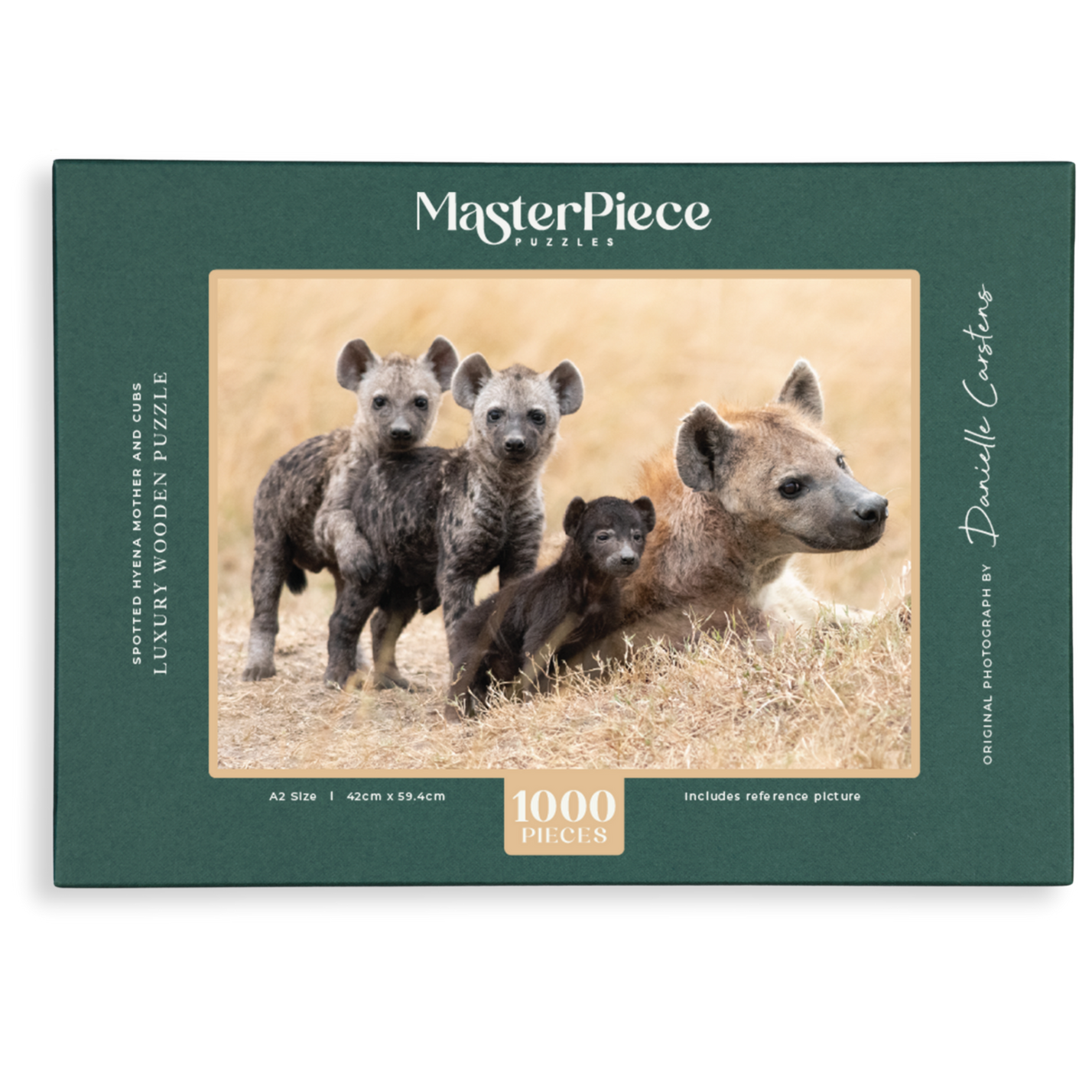 Spotted Hyena Mother And Cubs is a MasterPiece wooden jigsaw puzzle that features a beautiful photograph of a hyena and her three cubs.

Precision-cut from 3mm wood and expertly printed, our MasterPiece puzzles offer a tactile and satisfying puzzling experience like no other. They are perfect for wildlife lovers, nature enthusiasts and anyone looking for a thoughtful gift.